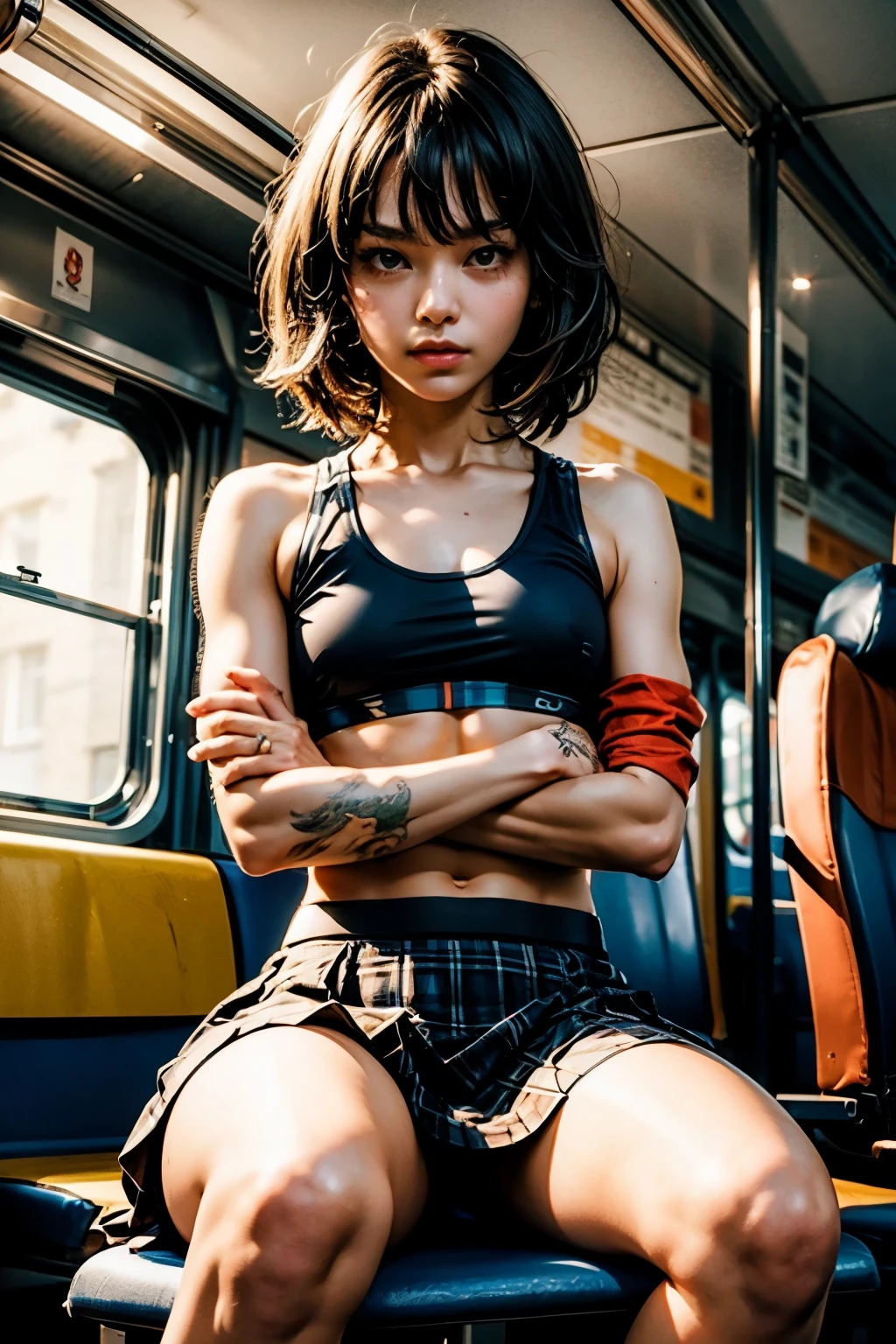 (Photographed with Canon EOS R5,Canon EF 24-70mm f/2.8L II,LED panel) , realistic, BREAK,
(full body shot:1.4), BREAK,
(crossed arms :1.4), BREAK, (:1.6),
(1girl, rough skin, flat chest :1.4), (eyes are red and swollen), breasts, looking at viewer, brown short hair, skinny body ,
(1 Japanese girl ), brown eyes, nipples, hetero, small breasts, parted lips, BREAK,
solo focus, spread legs, flat chest, lips,
BREAK,
(wearing sports bra, plaid skirt :1.4),
BREAK,
realistic,
perfectly proportions, (Do not expose upper body, Do not take off skirt:1.4),
BREAK,
(sitting down train seat:1.4), indoors,
BREAK,