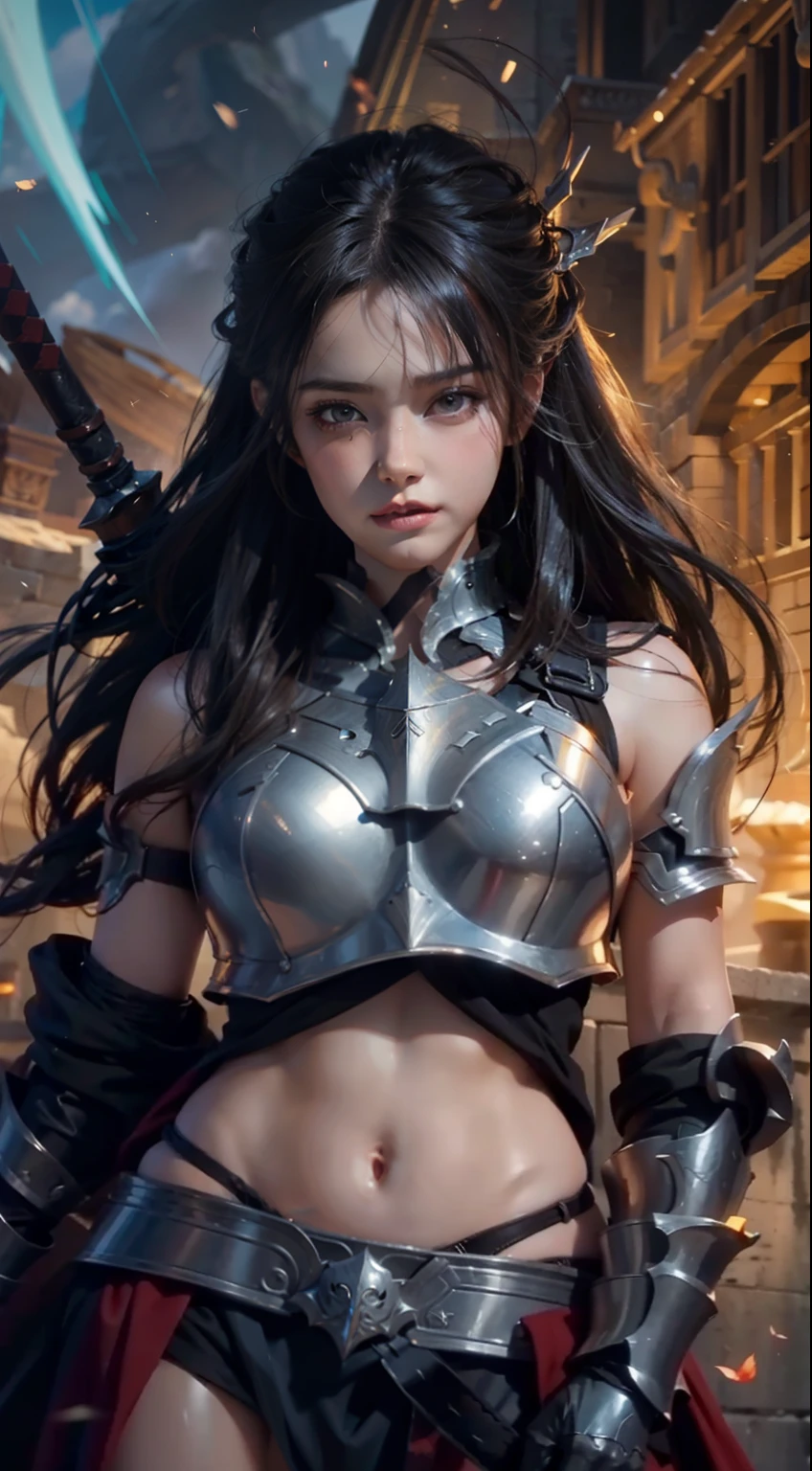 a close up of a woman with a sword and armor, Armor girl, 2. 5d cgi anime fantasy artwork, female warrior, Large scale exposed navel,Epic fantasy digital art style, detailed Digital 2D Fantasy Art, Digital 2D Fantasy Art, Gorgeous female paladin, female knight, bare belly,RPG character art, beautiful female knight, fantasy character art, Epic and beautiful character art, beautiful female warrior