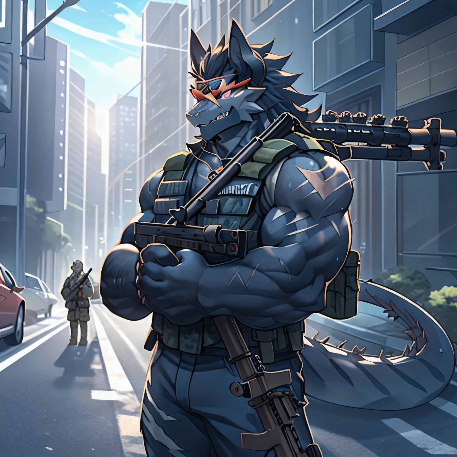 (black dragon),black fur, two colors, Scars on the face, With sunglasses on his head,Necklace hanging around the neck,(muscular body:1.3), There is a scar on the face, Handsome, OK,(Scars on the face), on the street,(Express),(city background),(with scars on face:1.2),look at screen,(dragon horn),(Dragon tail),perfect masterpiece,(16K),casual clothes,alone,((Strong)),,(with rifle in hands),(dick:1.2),Perfect proportion,front,hands crossed,sweat,(with rifle in hands:1.5),(gun in hand:1.3),(fierce expression:1.2),(Vision:1.5),(with rifle in hands:1.8),Strong,muscle,with dragon wings,more details,CG,(dragon), torso,((gun in hand)), (Bulletproof vest)),serious expression