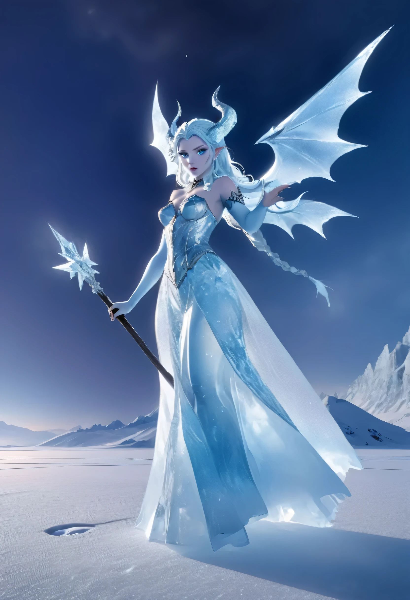 (8k, highest quality, masterpiece: 1.2), (realistic, realistic: 1.37), Super detailed, ((an ice female sexy demon:1))、Standing in the frozen snow field、Witch wearing pale armor, ((sexy costume:1)), SEXY female devil, ((aurora in the night sky)), ((pale blue skin:1))