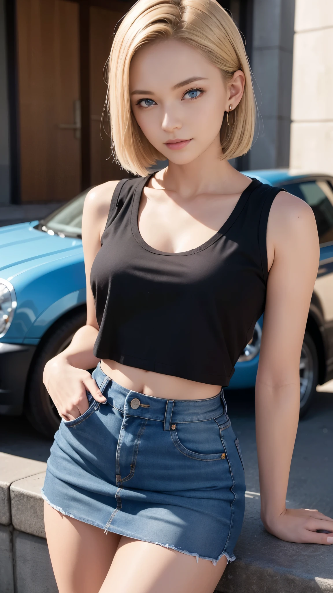 cool super model girl、whole body、good style、、、、、light blonde long hair、black tank top、、、、Damaged Denim Shorts、garage