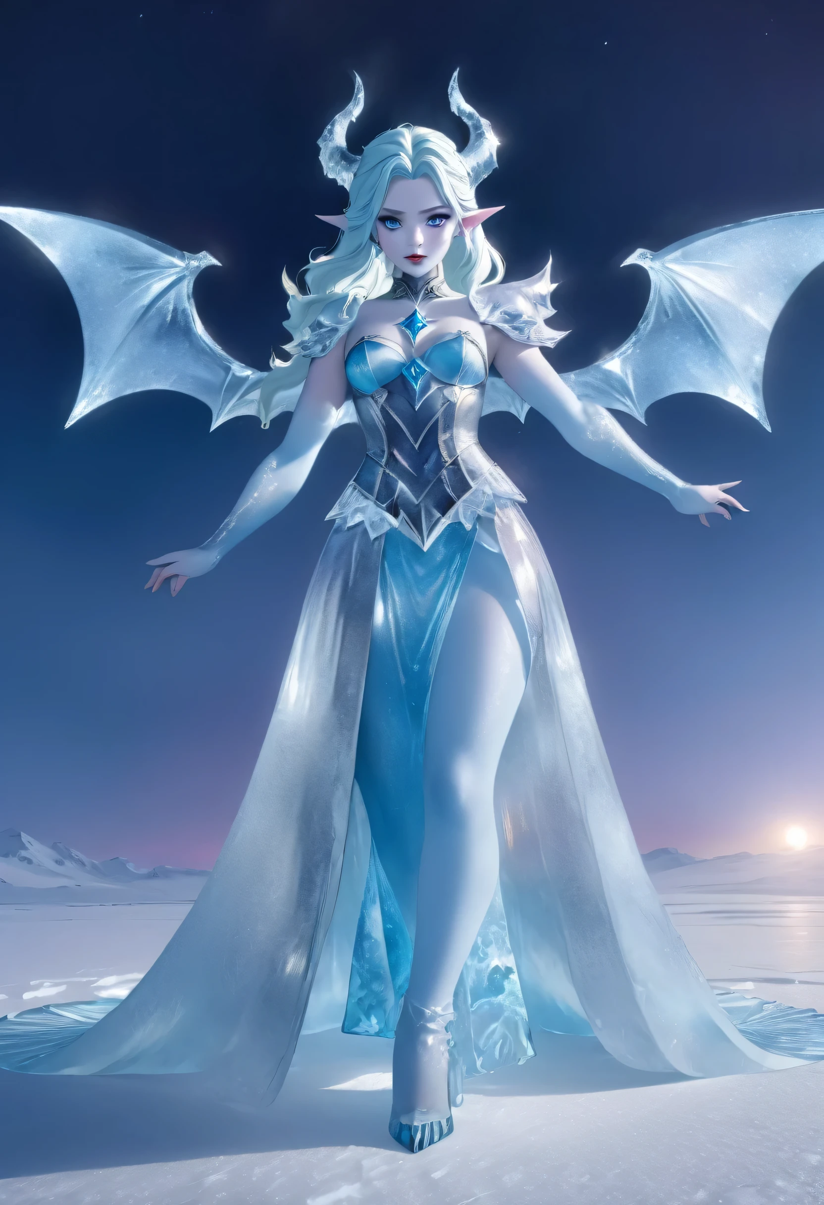 (8k, highest quality, masterpiece: 1.2), (realistic, realistic: 1.37), Super detailed, ((an ice female sexy demon:1))、Standing in the frozen snow field、Witch wearing pale armor, ((sexy costume:1)), SEXY female devil, ((aurora in the night sky)),  ((pale blue skin:1))