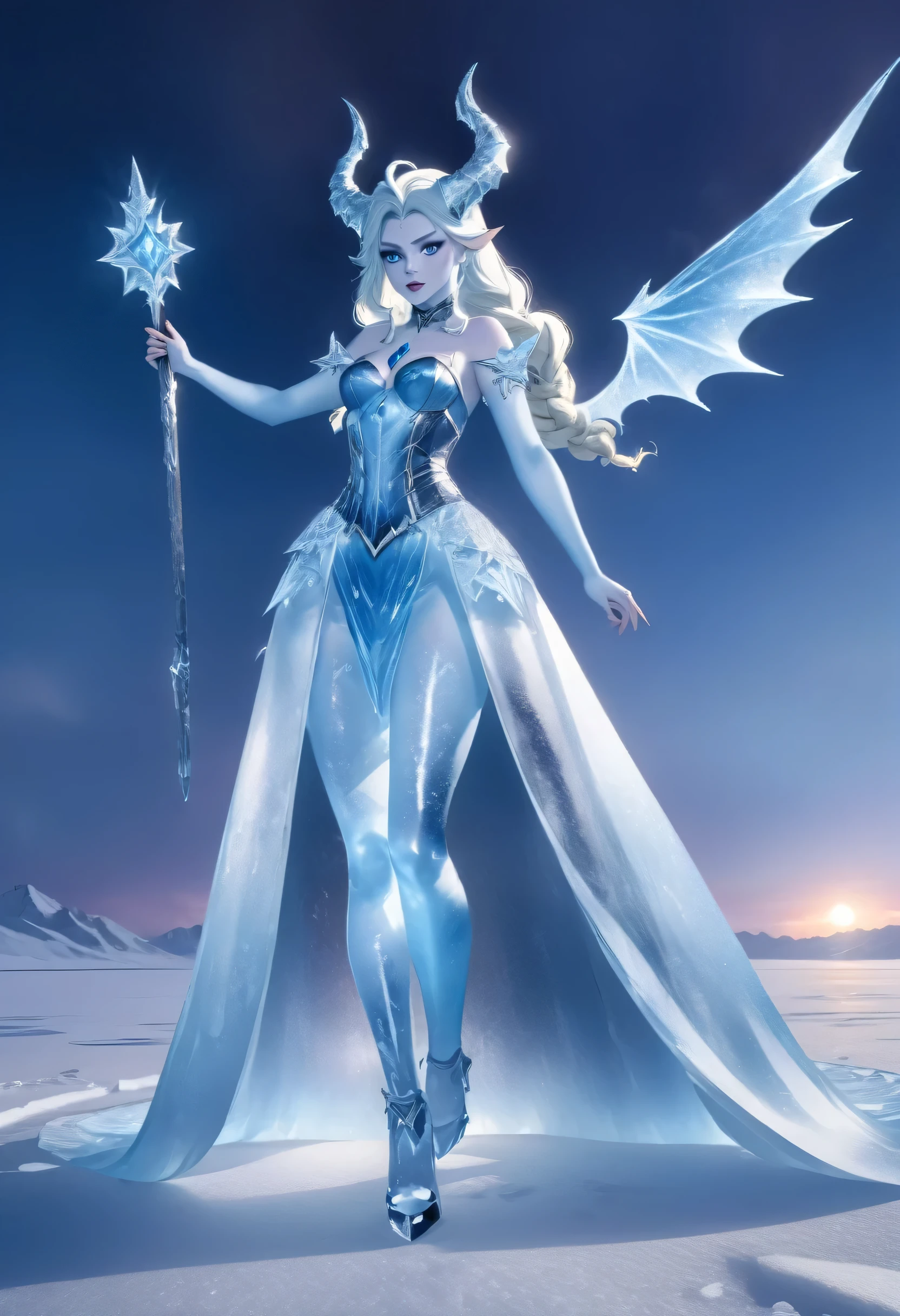 (8k, highest quality, masterpiece: 1.2), (realistic, realistic: 1.37), Super detailed, ((an ice female sexy demon:1))、Standing in the frozen snow field、Witch wearing pale armor, ((sexy costume:1)), SEXY female devil, ((aurora in the night sky)),  ((pale blue skin:1))