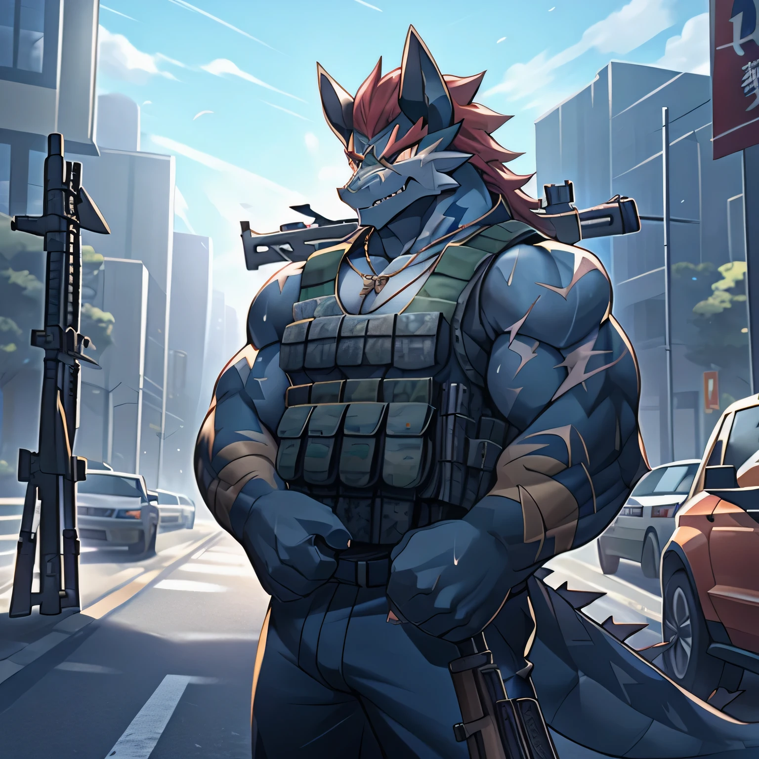 (dragon),two colors, Scars on the face, With sunglasses on his head,Necklace hanging around the neck,(muscular body:1.3), There is a scar on the face, Handsome, OK,(Scars on the face), on the street,(Express),(city background),(with scars on face:1.2),look at screen,(dragon horn),(Dragon tail),perfect masterpiece,(16K),casual clothes,alone,((Strong)),,(with rifle in hands),(dick:1.2),Perfect proportion,front,hands crossed,sweat,(with rifle in hands:1.5),(gun in hand:1.3),(fierce expression:1.2),(Vision:1.5),(with rifle in hands:1.8),Strong,muscle,with dragon wings,more details,CG,(dragon), torso,((gun in hand)), (Bulletproof vest)),serious expression