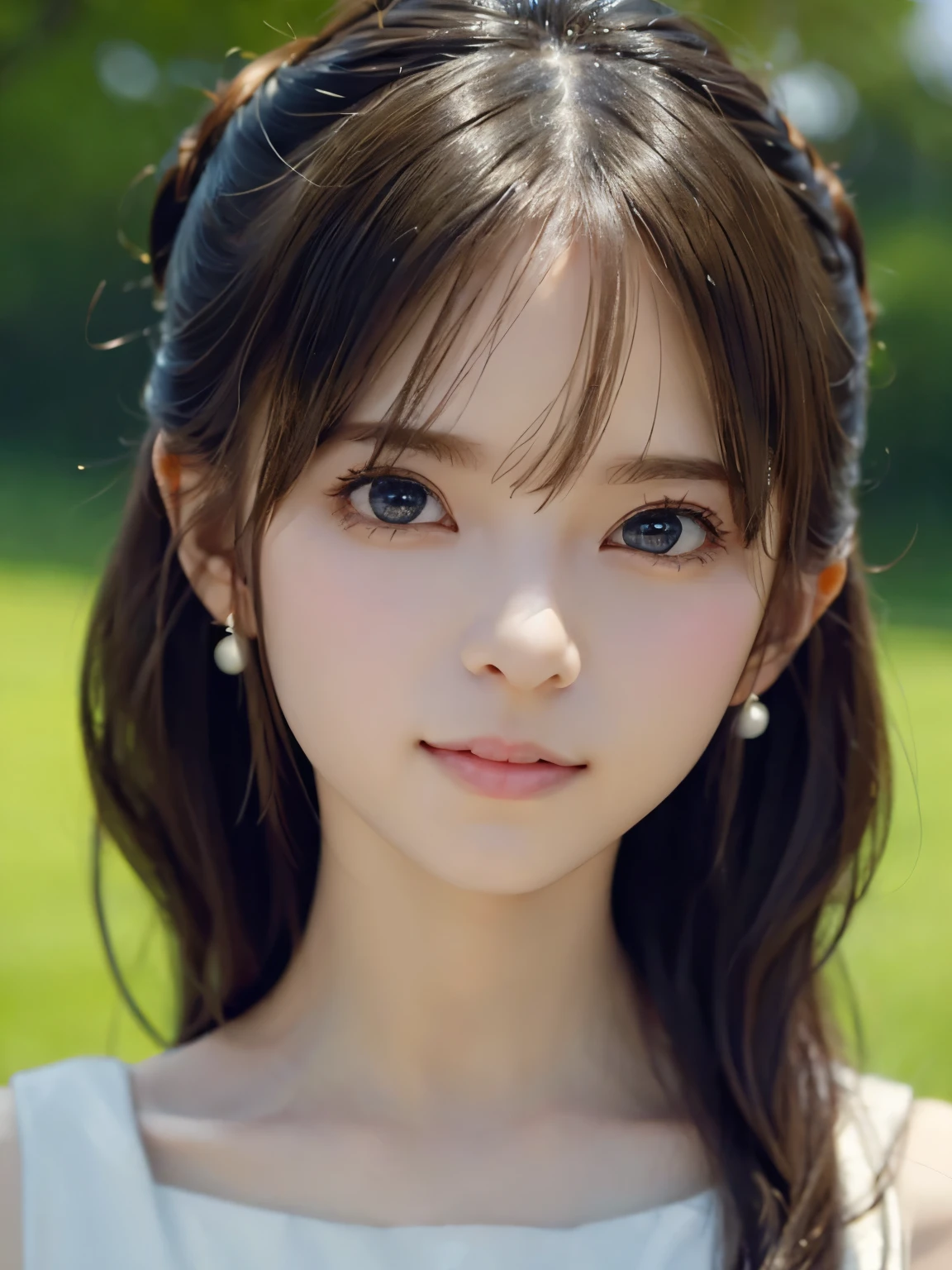 grassland、(You can see both sides:1.6)、（from the chest up:1.6)、laughter、Close-up portrait of a girl wearing white sleeveless top dress and earrings, soft portrait shot 8k, nice delicate face, High quality 4K portraits, high quality portrait, soft and perfect white skin, 8K highly detailed face, beautiful and delicate face, beautiful light big eyes, beautiful and realistic face, with a beautiful girl, beautiful and realistic face, cute girl