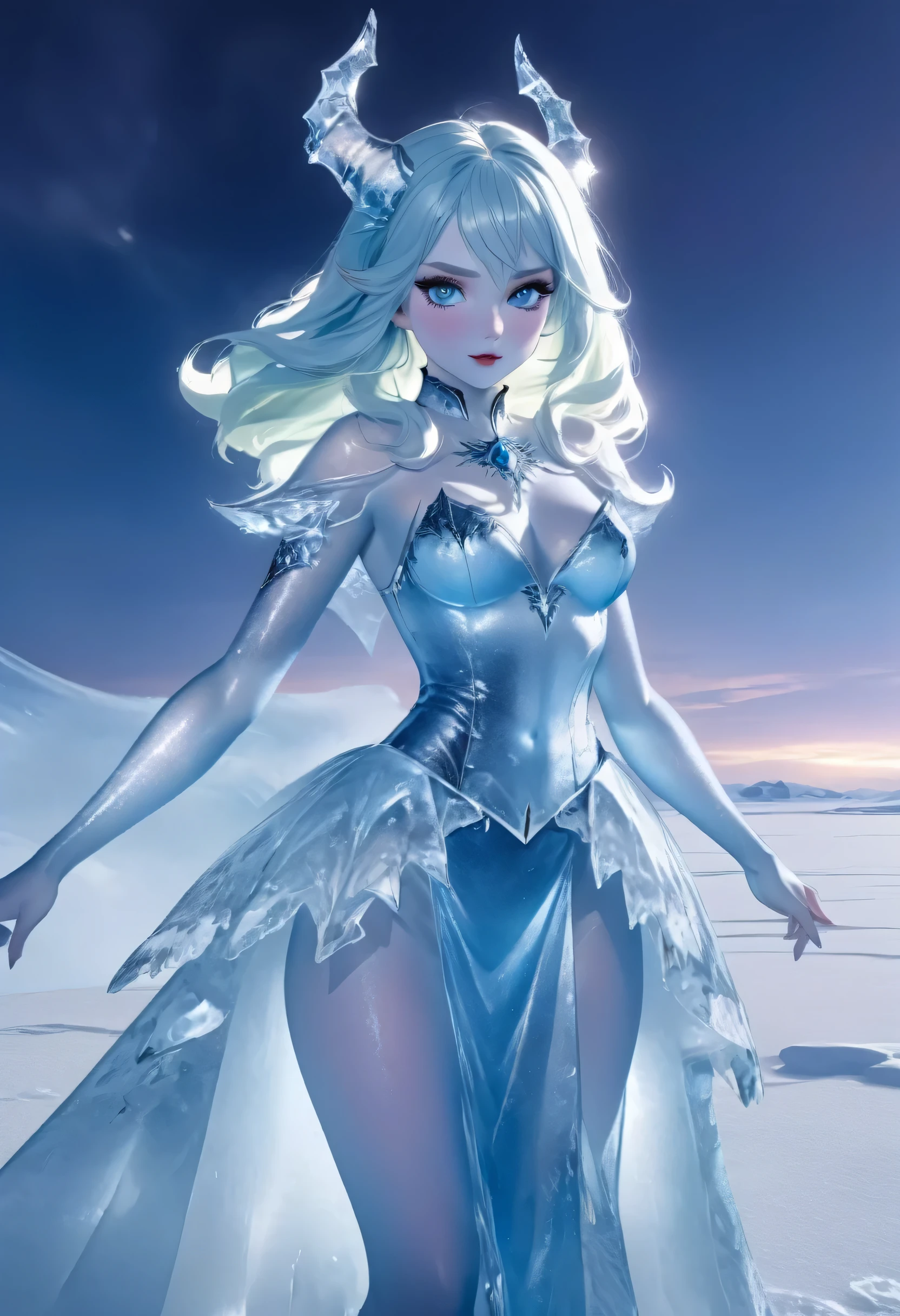 (8k, highest quality, masterpiece: 1.2), (realistic, realistic: 1.37), Super detailed, ((an ice female sexy demon:1))、Standing in the frozen snow field、Witch wearing pale armor, ((sexy costume:1)), SEXY female devil, ((aurora in the night sky)), ((pale blue skin:1))