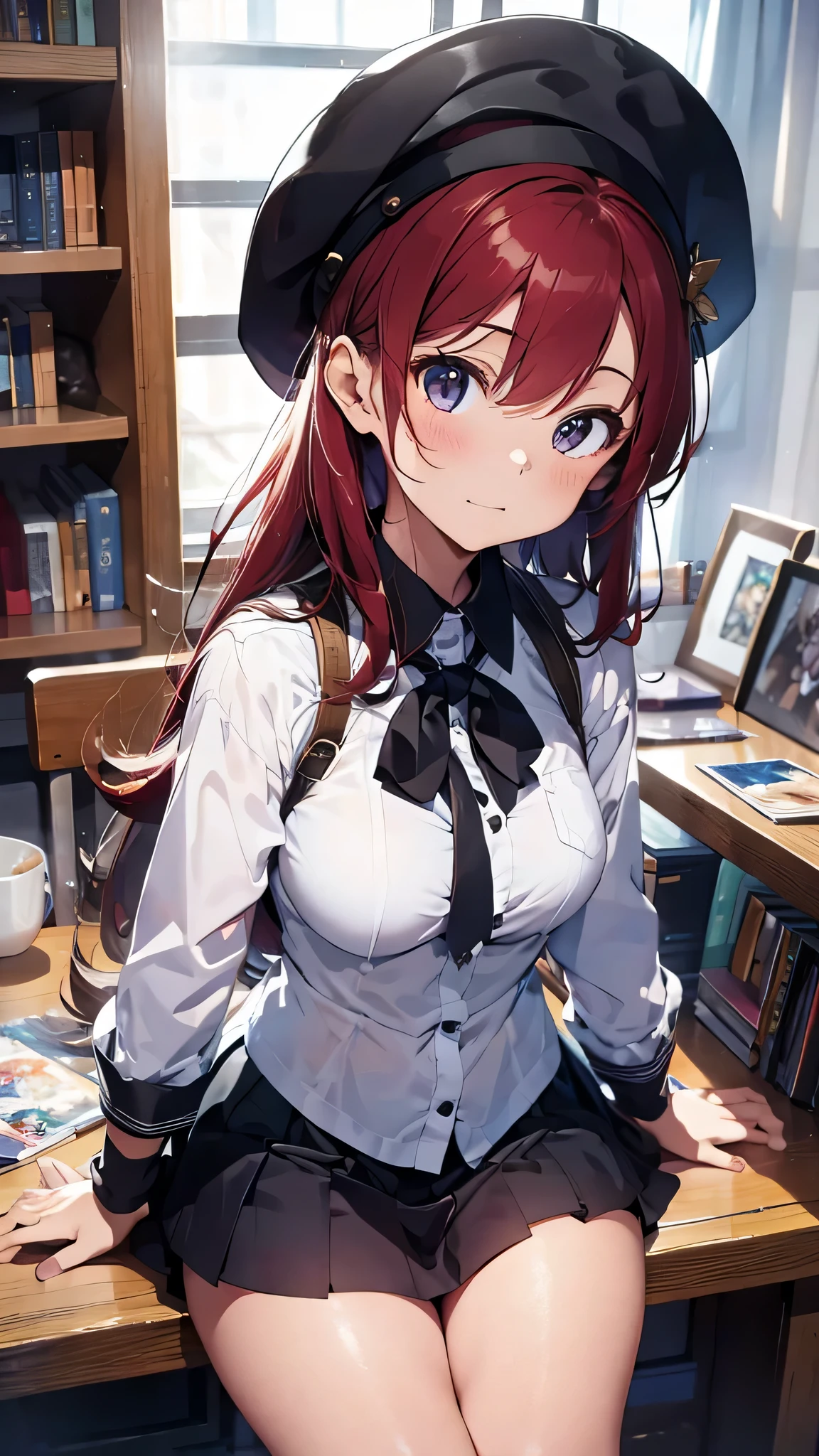 最high quality、best image quality、masterpiece、girl((18-year-old、 By becoming、vest bust、medium bust,wide open breast tea、shining eyes, glowing red hair、long hair、thin,highest valley、、black sailor suit、short skirt、Wristband、black gloves、hat、Tsundere、rotate)),high quality、beautiful art、background((luxurious school))、Flight、debris flies、Depth of written boundary、movie、visual art、perfect art、8K,genuine、