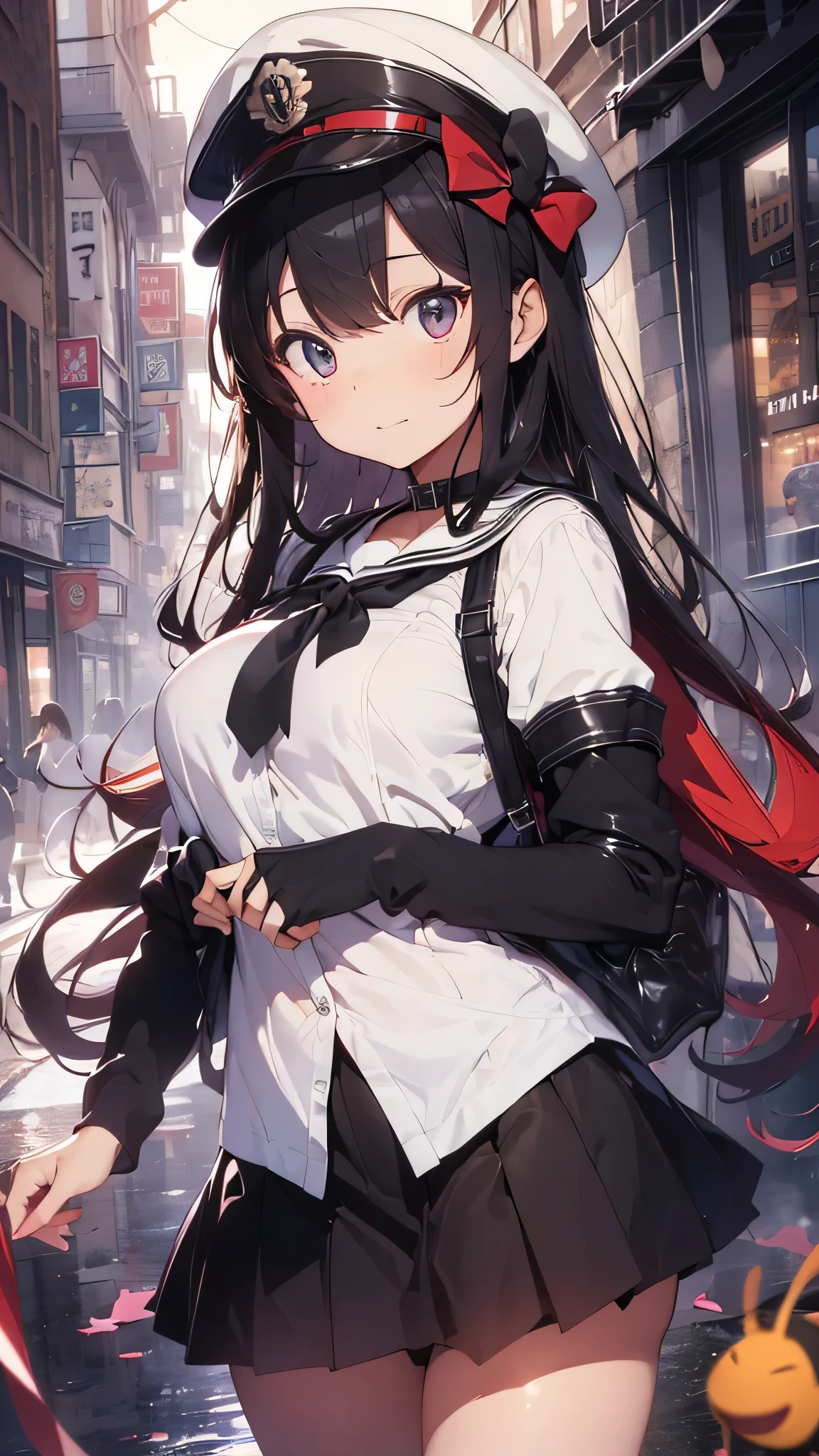 最high quality、best image quality、masterpiece、girl((18-year-old、 By becoming、vest bust、medium bust,wide open breast tea、shining eyes, glowing red hair、long hair、thin,highest valley、、black sailor suit、short skirt、Wristband、black gloves、hat、Tsundere、rotate)),high quality、beautiful art、background((luxurious school))、Flight、debris flies、Depth of written boundary、movie、visual art、perfect art、8K,genuine、