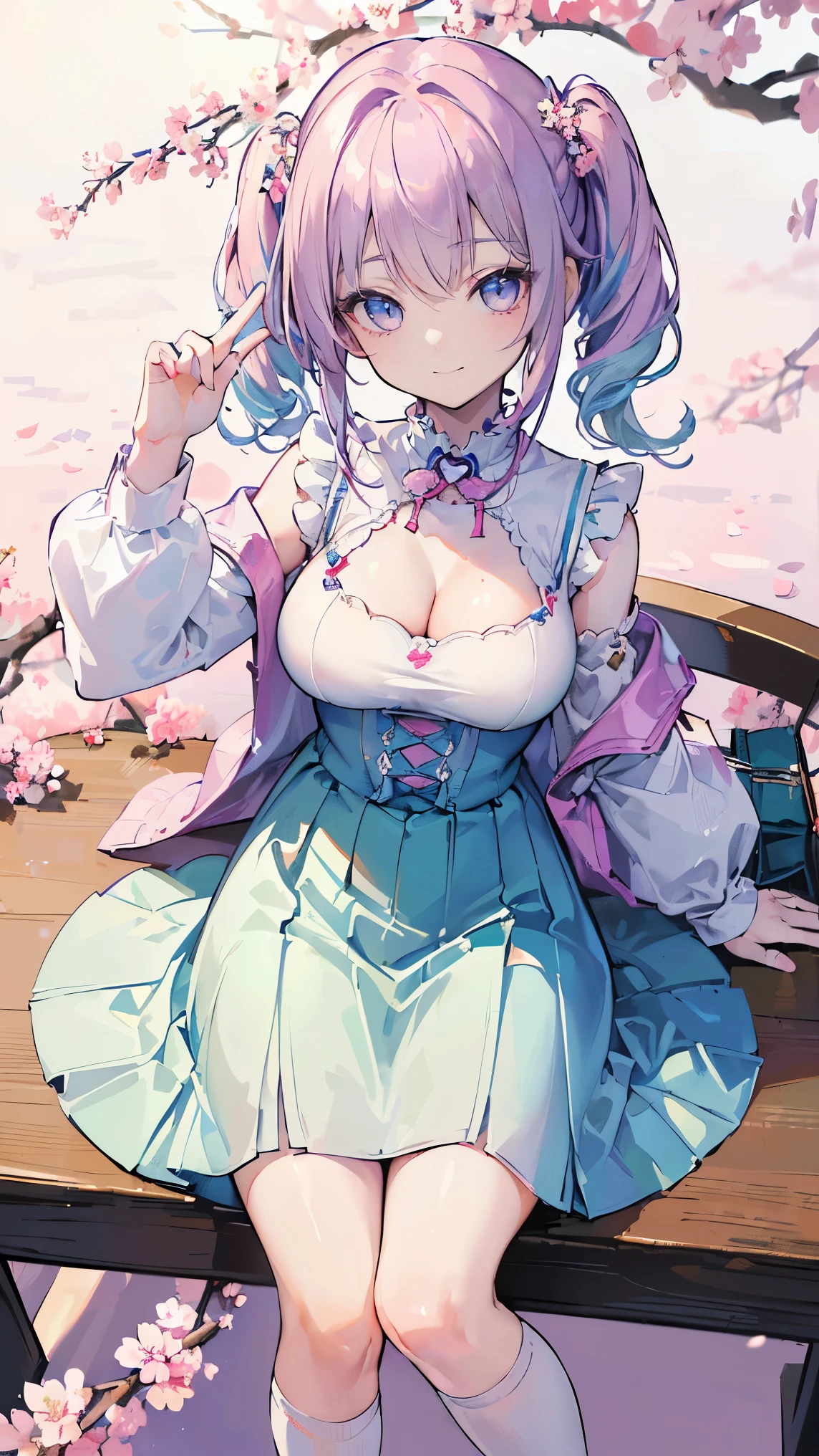 ((masterpiece, highest quality,High resolution,Super detailed drawing)), one girl,(fine eyes) colorful hair,shortcut,pastel colour,Absolute area, skirt,knee high socks, ((beauty, cute, 20-year-old, bangs, small smile)), (((big breasts,Clothes that show cleavage,revealing clothes))),cherry blossoms