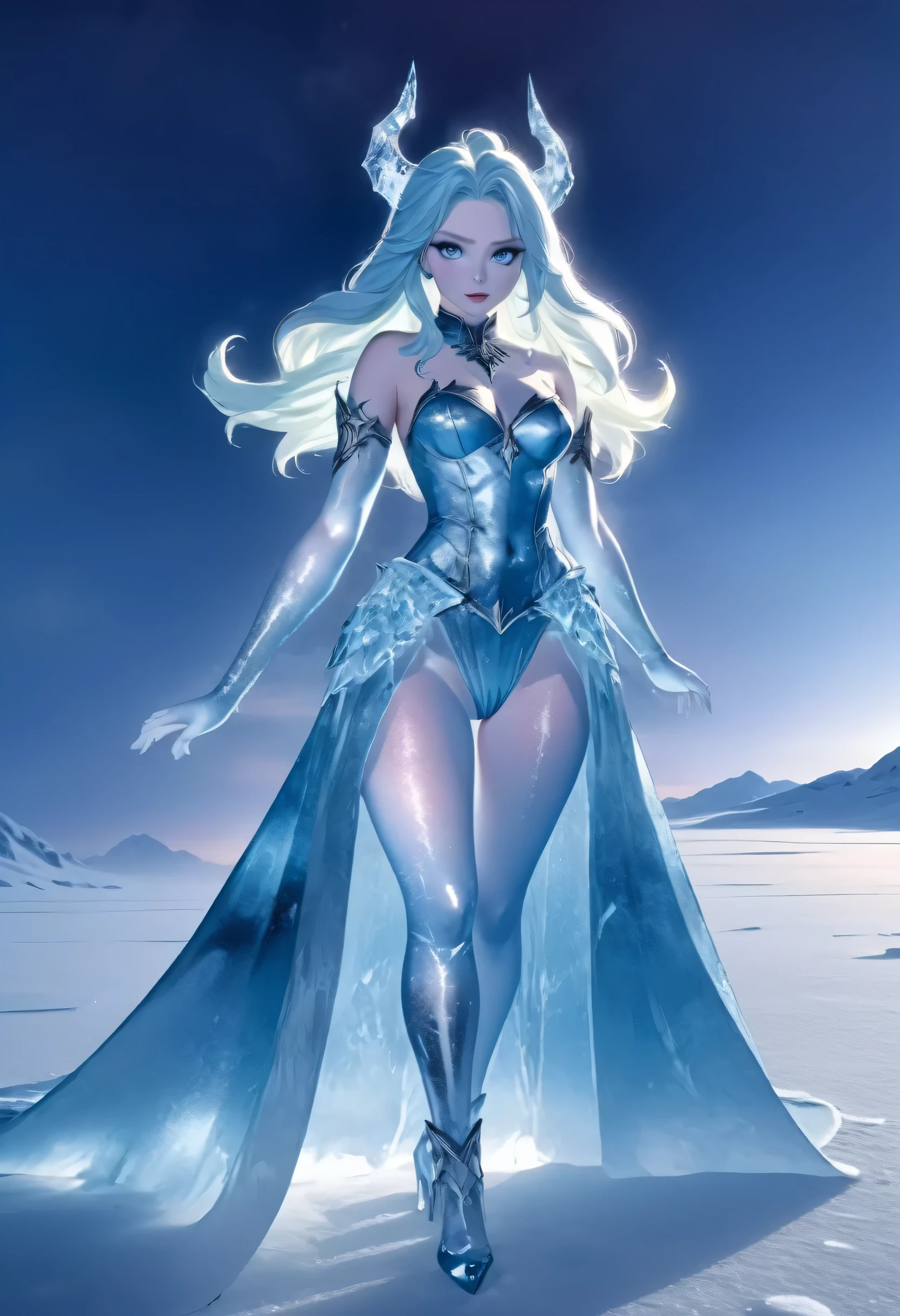 (8k, highest quality, masterpiece: 1.2), (realistic, realistic: 1.37), Super detailed, ((an ice female sexy demon:1))、Standing in the frozen snow field、Witch wearing pale armor, ((sexy costume:1)), SEXY female devil, ((aurora in the night sky)), ((pale blue skin:1))