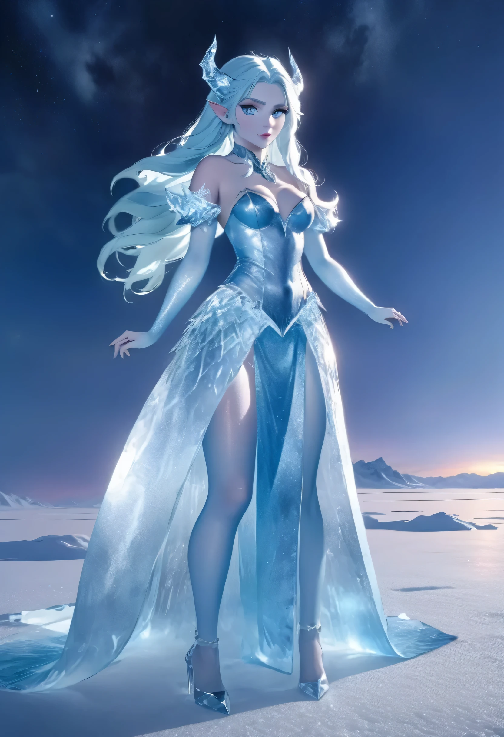 (8k, highest quality, masterpiece: 1.2), (realistic, realistic: 1.37), Super detailed, ((an ice female sexy demon:1))、Standing in the frozen snow field、Witch wearing pale armor, ((sexy costume:1)), SEXY female devil, ((aurora in the night sky)), ((pale blue skin:1))