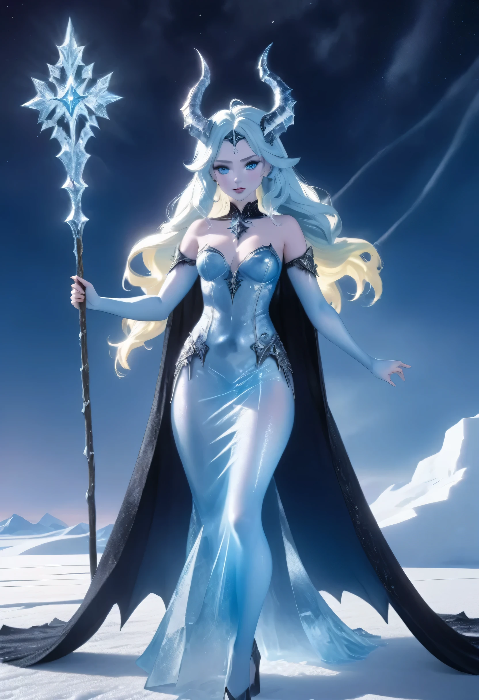 (8k, highest quality, masterpiece: 1.2), (realistic, realistic: 1.37), Super detailed, ((an ice female sexy demon:1))、Standing in the frozen snow field、Witch wearing pale armor, ((sexy costume:1)), SEXY female devil, ((aurora in the night sky)), ((pale blue skin:1))
