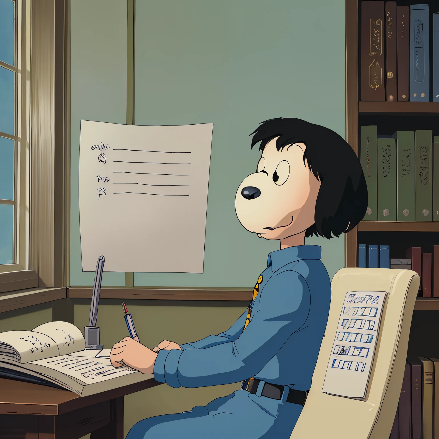 Snoopy at the library sitting while writting the word "Seph" on the paper