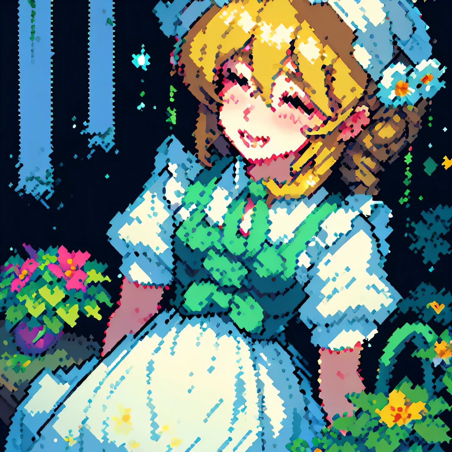 In the misty garden，A blond maid is taking care of the flowers and plants