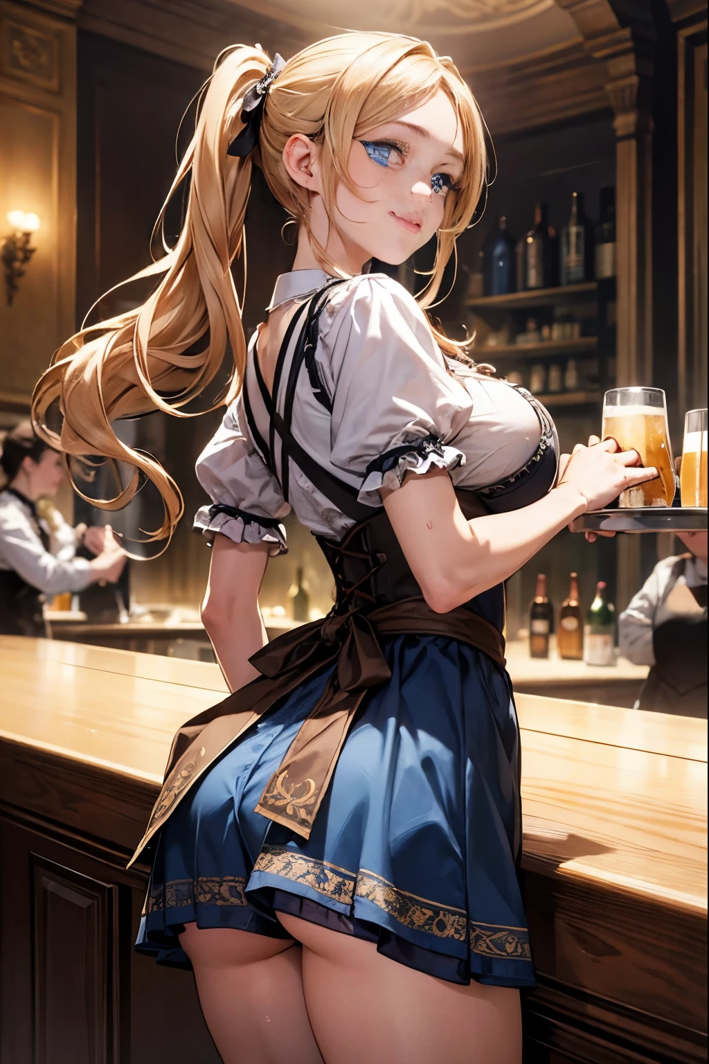 masterpiece, best quality, ultra-detailed, glistening shiny, glowing light, ray tracing, HDR, deph of field, (perfect face, detailed face, detailed eyes), 8k,HD,ultra realistic face, ray tracing, perfect lighting, best quality, ultra-detailed, High resolution, solo, 1girl, Full body, Description Girls, detail hands, Detail fingers, Detail Face, cute face, detail legs, overdetailed art, Fine details, Huge breasts, Huge ass, steam, Sweat, blonde hair, pigtails, wavy hair, tareme, blue eyes, carvy, traven, tray, beer, barmaid, Dirndl, Bandana, ((freckles)), smile
