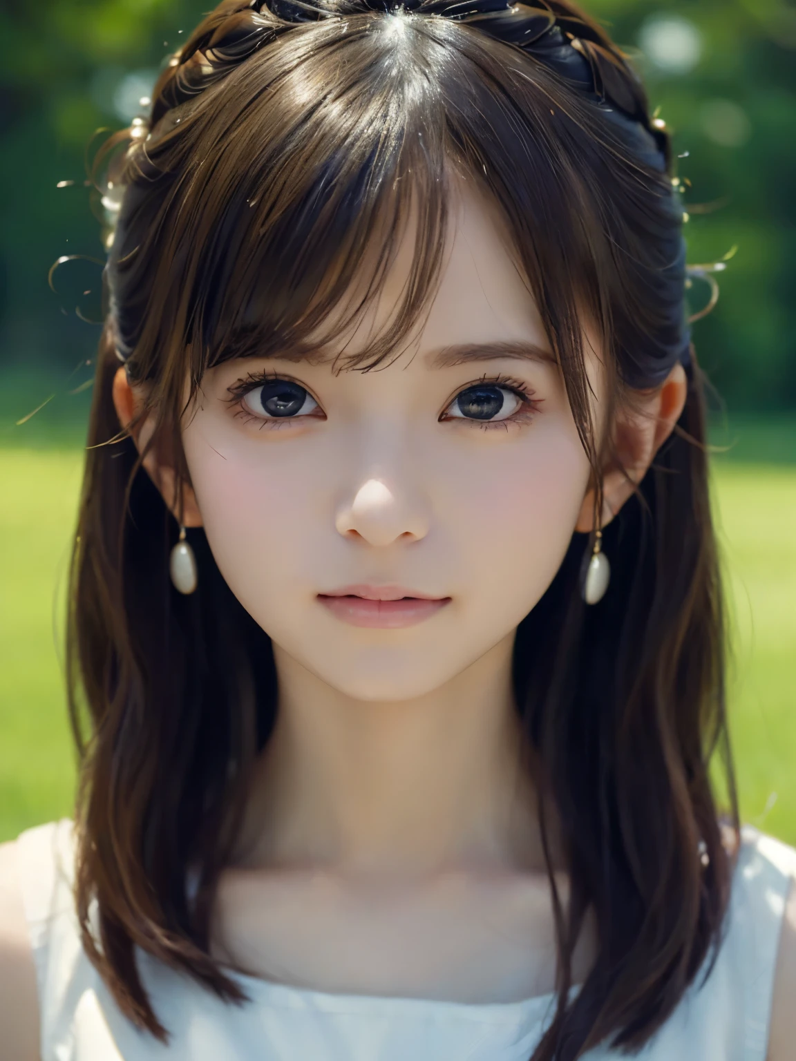grassland、(You can see both sides:1.6)、(from the chest up:1.6)、laughter、Close-up portrait of a girl wearing white sleeveless top dress and earrings, soft portrait shot 8k, nice delicate face, High quality 4K portraits, high quality portrait, soft and perfect white skin, 8K highly detailed face, beautiful and delicate face, beautiful light big eyes, beautiful and realistic face, with a beautiful girl, beautiful and realistic face, cute girl