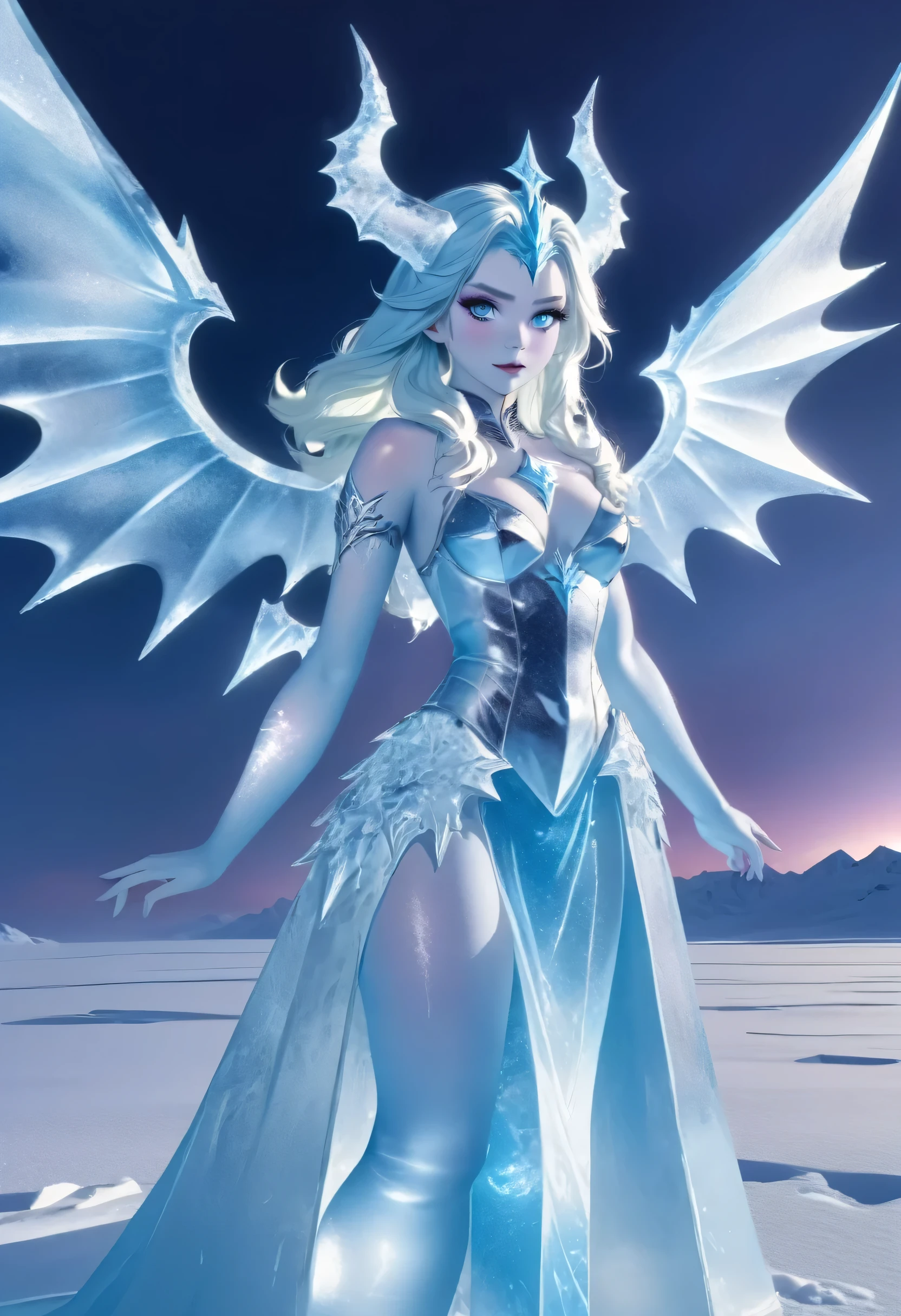 (8k, highest quality, masterpiece: 1.2), (realistic, realistic: 1.37), Super detailed, ((an ice female sexy demon:1))、Standing in the frozen snow field、Witch wearing pale armor, ((sexy costume:1)), SEXY female devil, ((aurora in the night sky)), ((pale blue skin:1))