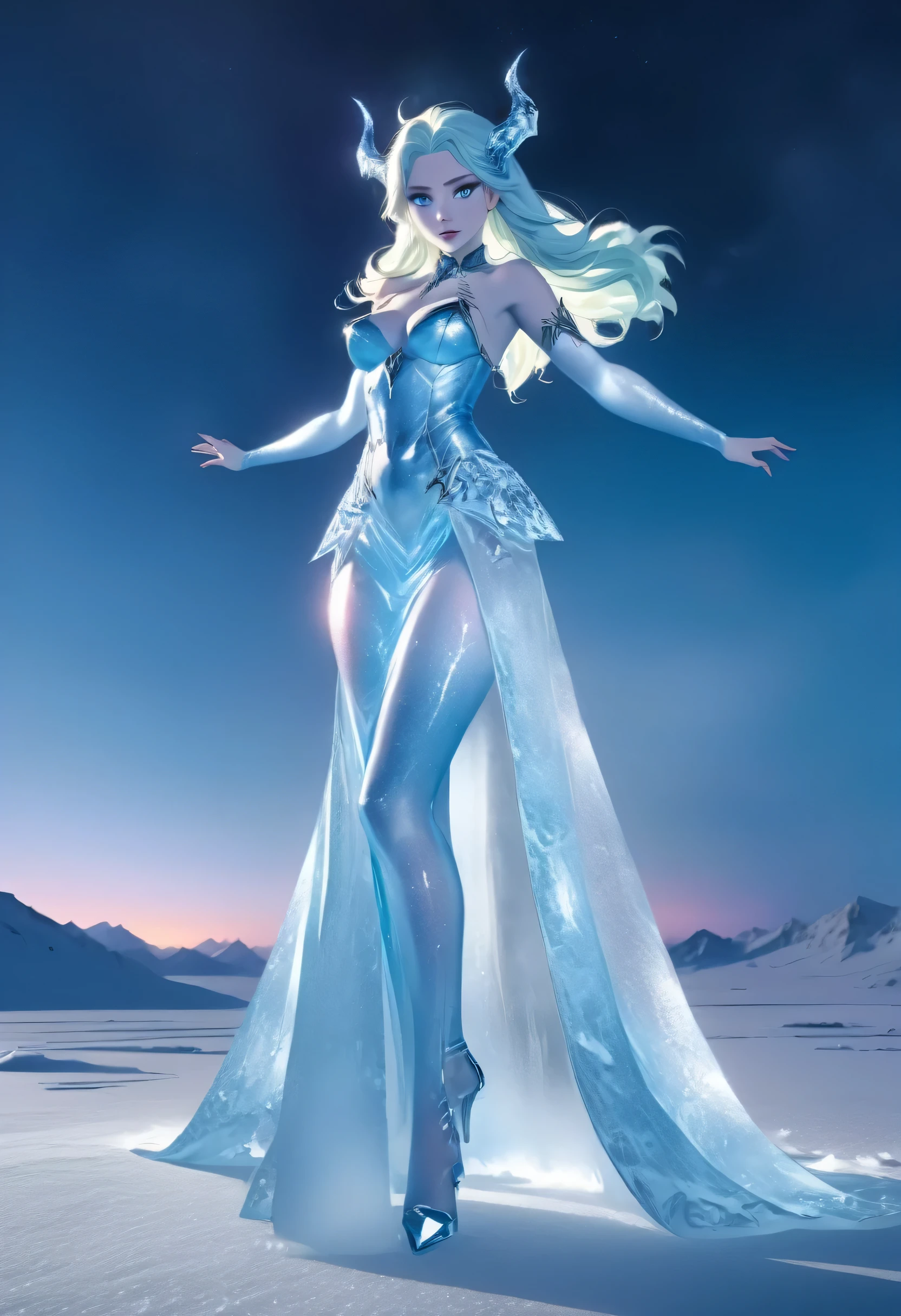 (8k, highest quality, masterpiece: 1.2), (realistic, realistic: 1.37), Super detailed, ((an ice female sexy demon:1))、Standing in the frozen snow field、Witch wearing pale armor, ((sexy costume:1)), SEXY female devil, ((aurora in the night sky)),  ((pale blue skin:1))