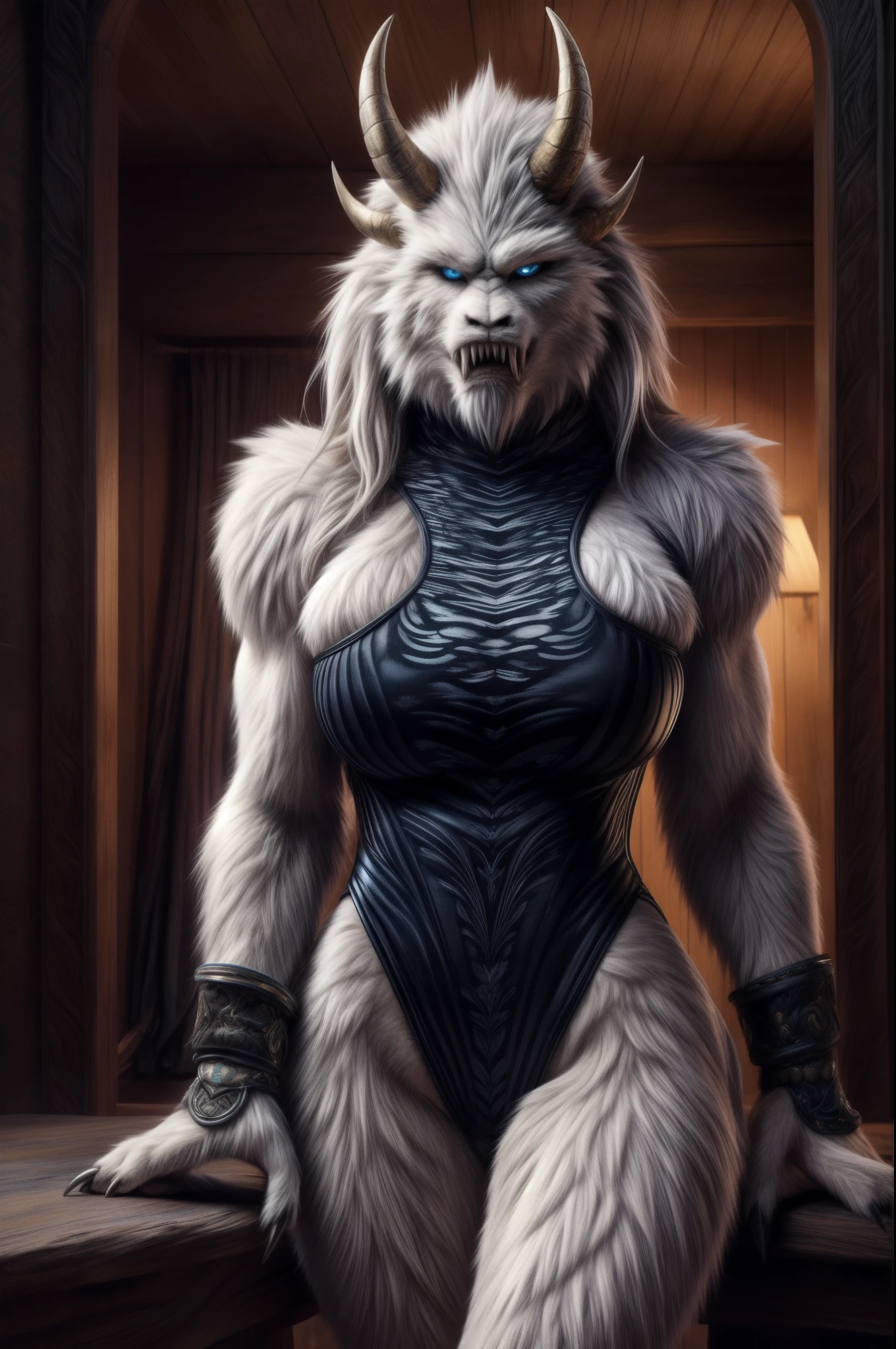 "Realistic depiction of an anthro yeti woman with impeccable quality. She wears a black high cut bodysuit, showcasing her large bust and muscular hourglass body. Her fit physique and sexy hips accentuate her wild allure. With sharp claws and long arms, she possesses a striking beauty complemented by her sharp teeth. Despite her monstrous appearance, her white fur embodies elegance and grace. This scene captures her in a domestic setting."