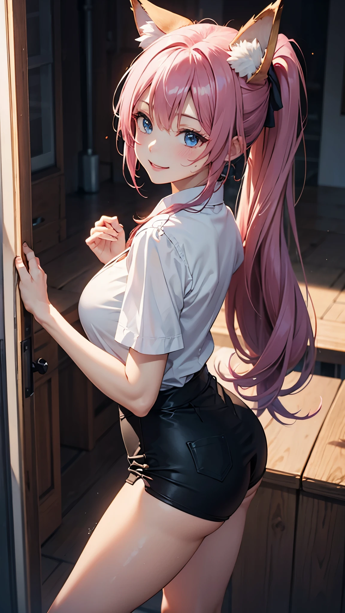masterpiece、highest quality、８K、1 female、from thighs to head、25 years old、Long pink hair、（high ponytail）,beautiful hair、With bangs、((fox ears))、smile、blue eyes、（slightly larger breasts）,（(white blouse)）、（living）、aerial perspective、Are standing、look back、Wipe sweat from forehead、