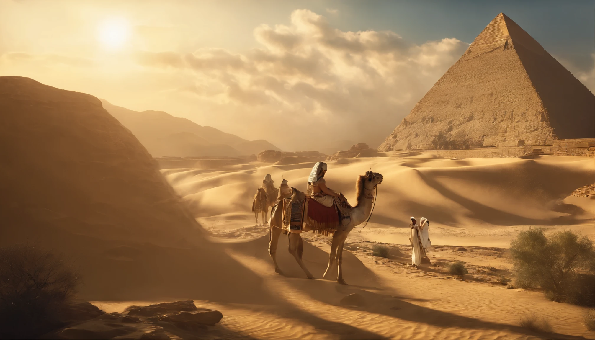 (best quality, highres:1.2), realistic, epic biblical scene with fine details, detailed biblical attire of ancient Egypt, yellowish clouds, breathtaking landscape, towering mountains, radiant sunlight, tranquil oasis, lush vegetation, flowing river, majestic Pharaoh, regal crown, golden scepter, intricate hieroglyphics, mystical pyramids, grand temple, divine statues, ancient ruins, opulent treasures, ethereal glow, celestial beings, awe-inspiring architecture, monumental pillars, dramatic shadows, vibrant colors, heavenly chorus, divine intervention, monumental scale, mythical creatures, vast expanse