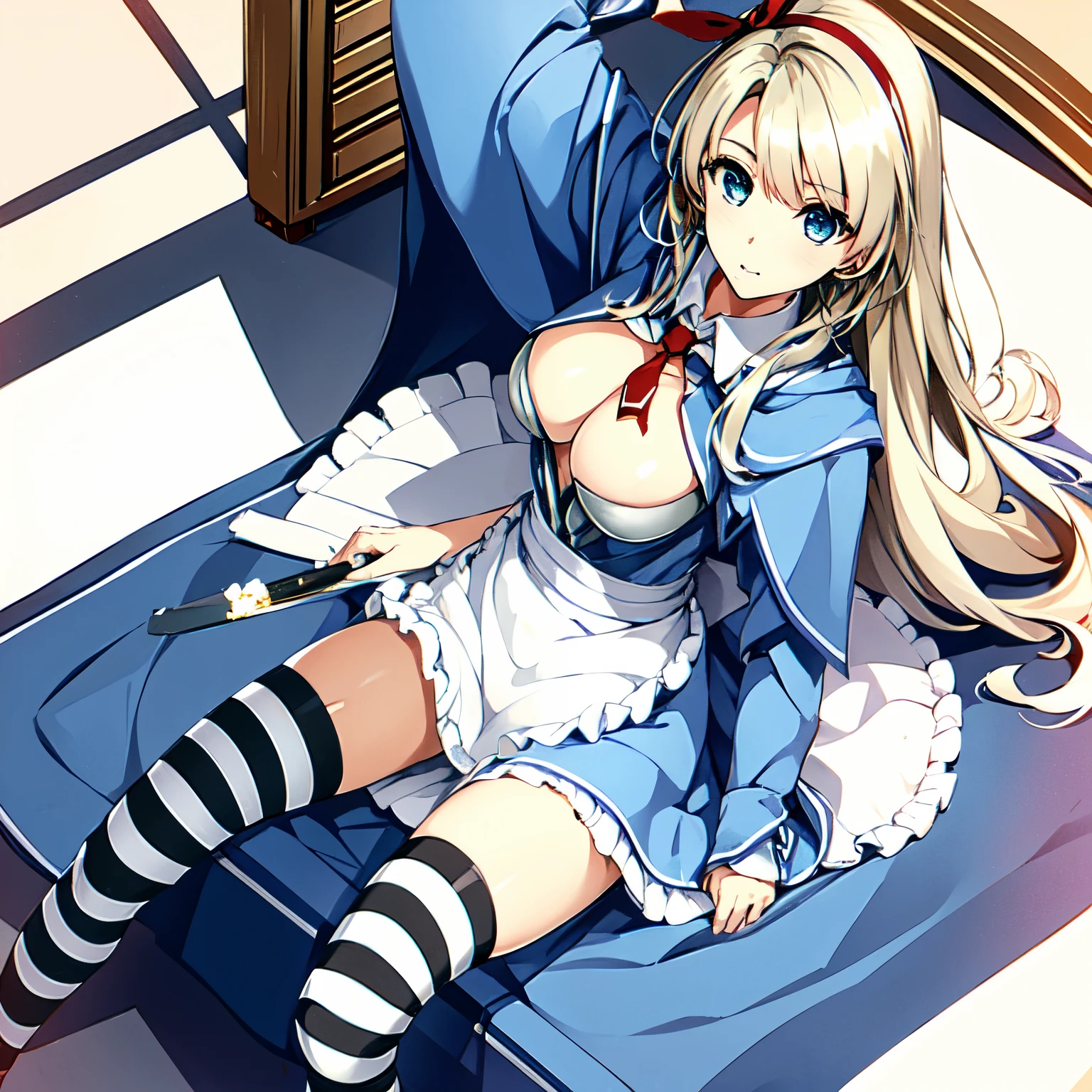masterpiece, high res, detailed face, detailed eyes, anime screencap, 1 girl, solo, dollhouse. medium breasts, blonde hair, blue eyes, messy hair, red ribbon, blue dress, apron, blue cape, white black striped high stockings. full body, sitting, indoors, 