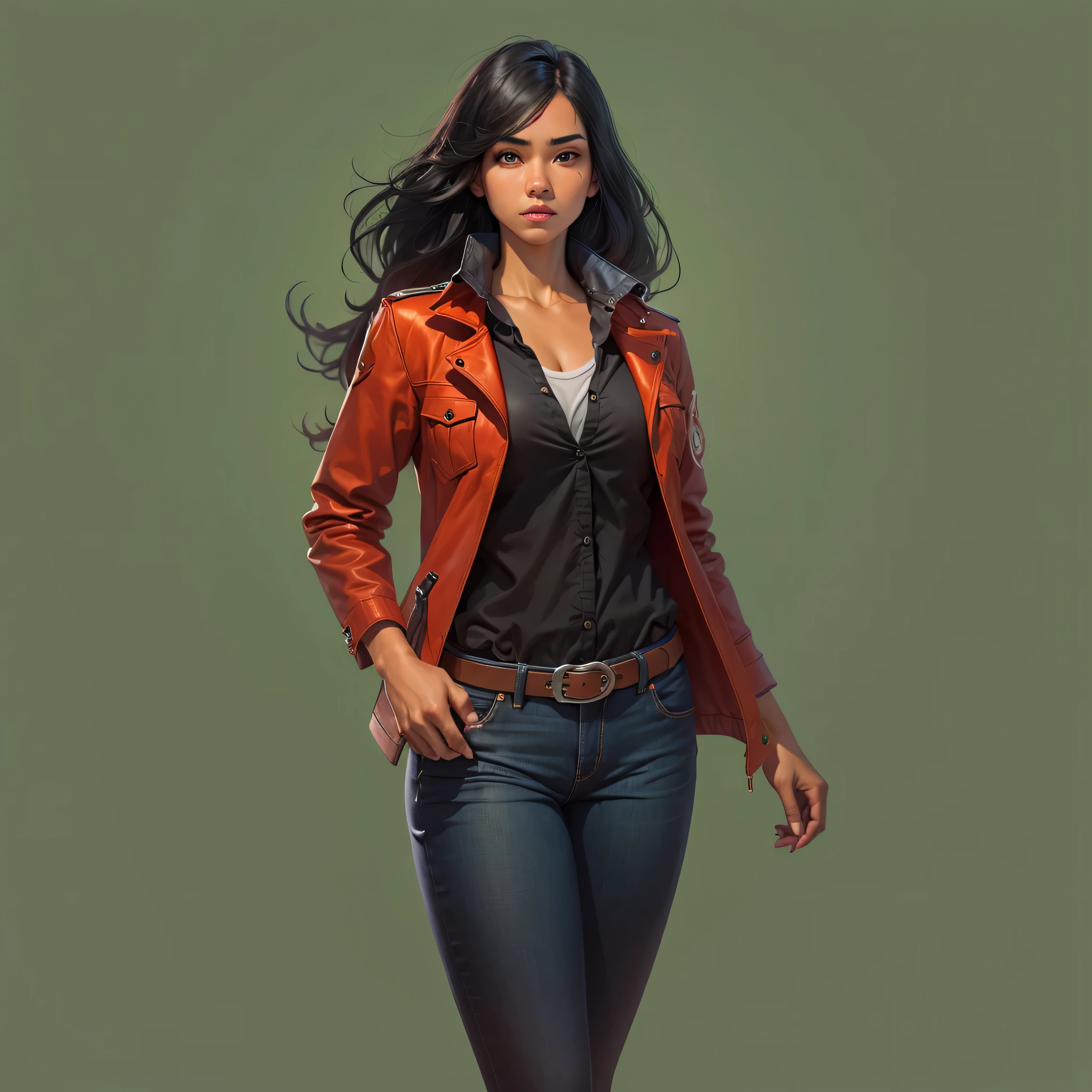 female detective, half indian half black, jeans, black shirt, red jacket, flowing black hair