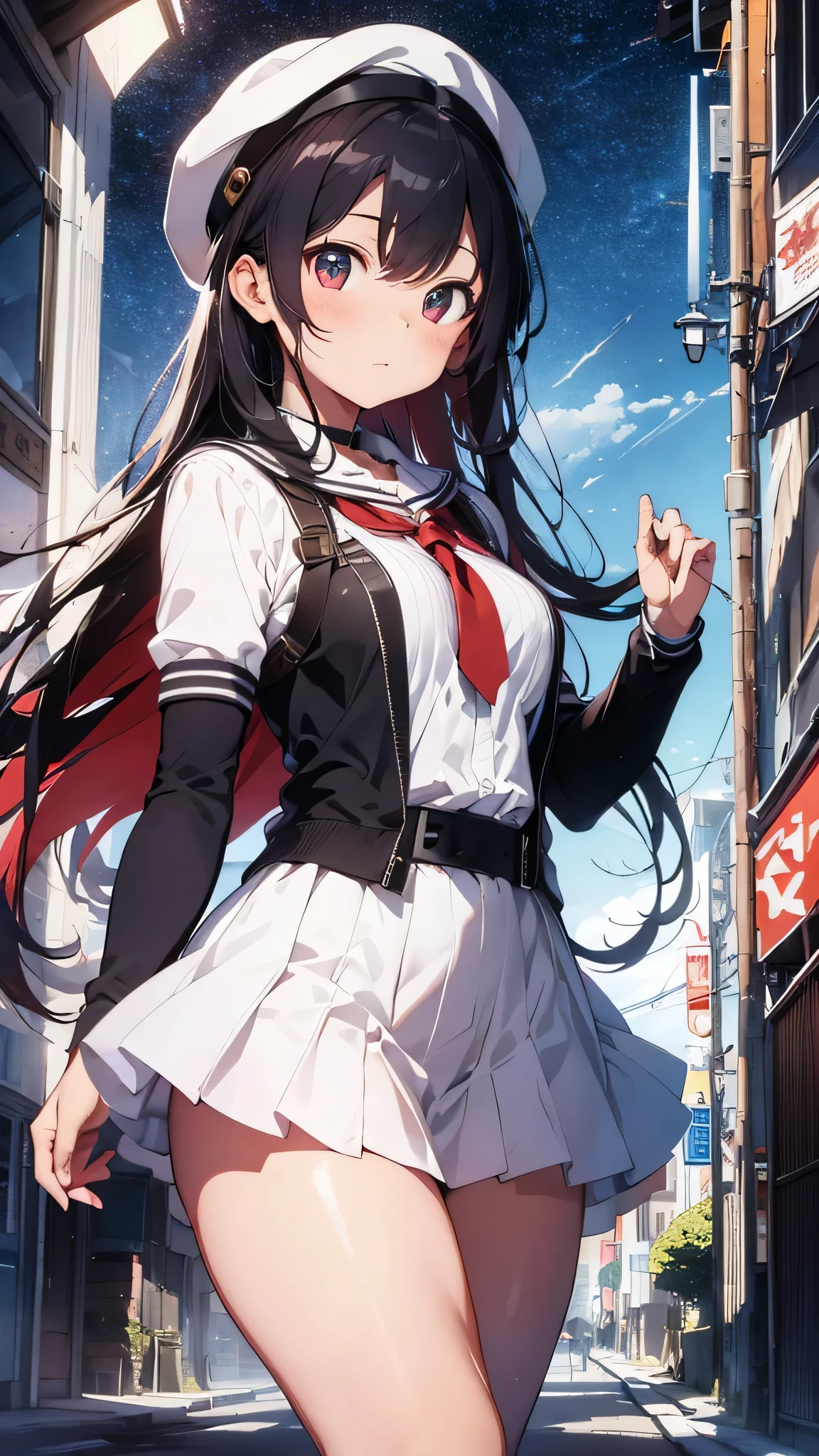 (masterpiece, best quality:1.2), cowboy shot, solo, 1girl, yukinoshita yukino, ((:P1.4)), ((looking at viever:1.4)), ((Sky from below:1.4)), ((full body)), (standing:1.4)), yukinoshita yukino, school uniform, black jacket, plaid skirt, ((thighhighs)), outside, ((blushing:1.4)), ((armpits)), ((hands behind head)), ((black loafers:1.4)), sunny day
