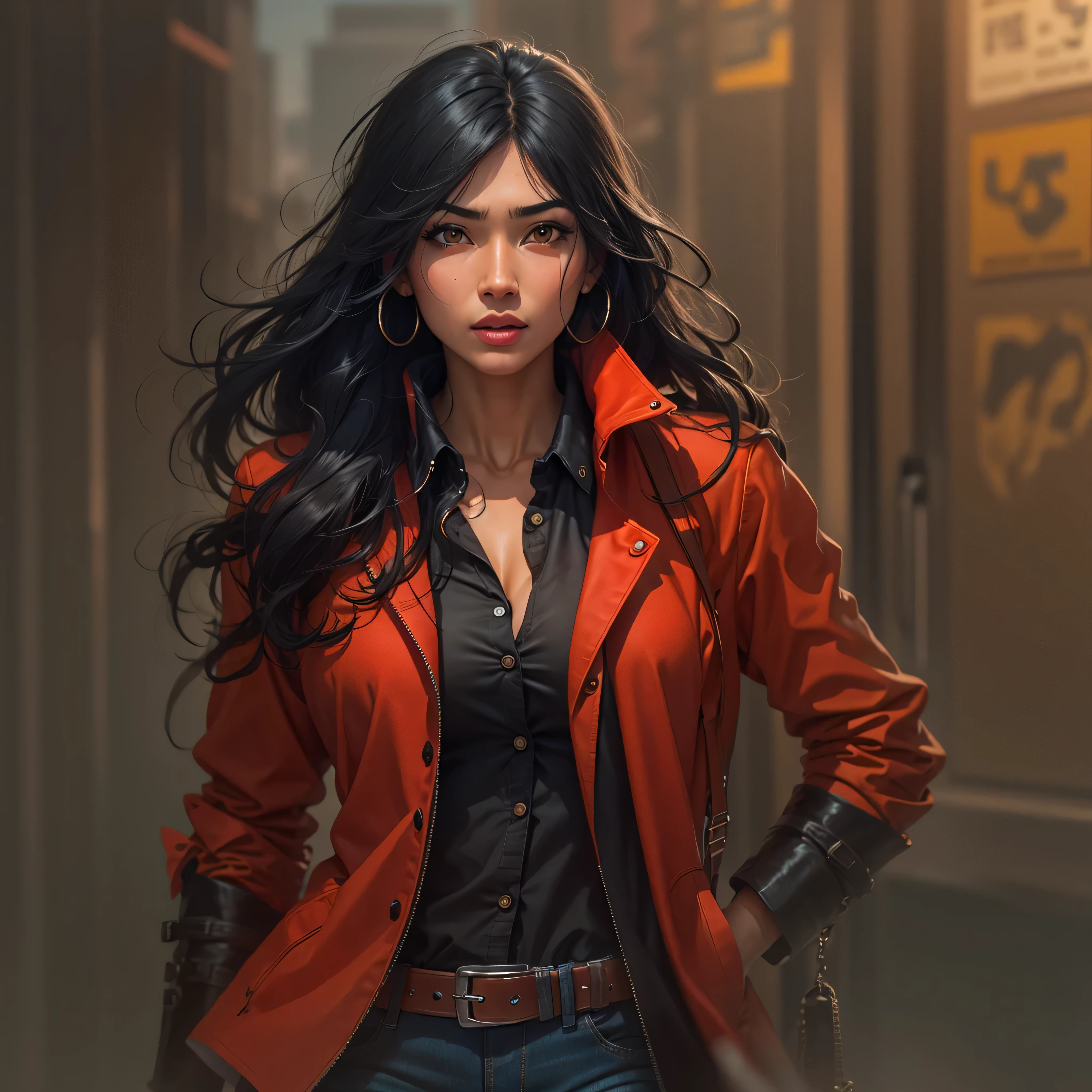 female detective, half indian half black, jeans, black shirt, red jacket, flowing black hair