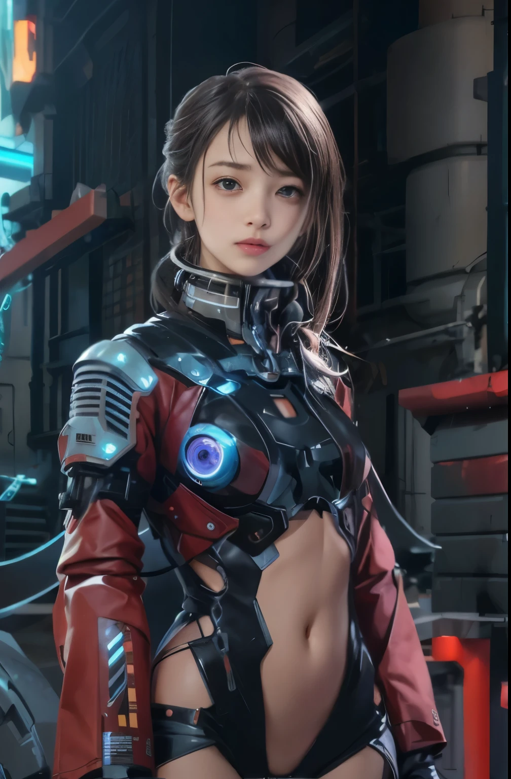 Anime girl wearing futuristic suit posing in front of city, cute robot girl, cyberpunk anime girl mech, cyberpunk anime girl, female cyberpunk anime girl, 美丽的robot girl, Mecha cyber armor girl, Digital Cyberpunk Anime Art, robot girl, Cyberpunk beautiful girl,  - girl, perfect anime woman, Digital Cyberpunk - Animation Art, Anime Cyberpunk Art，exposed navel