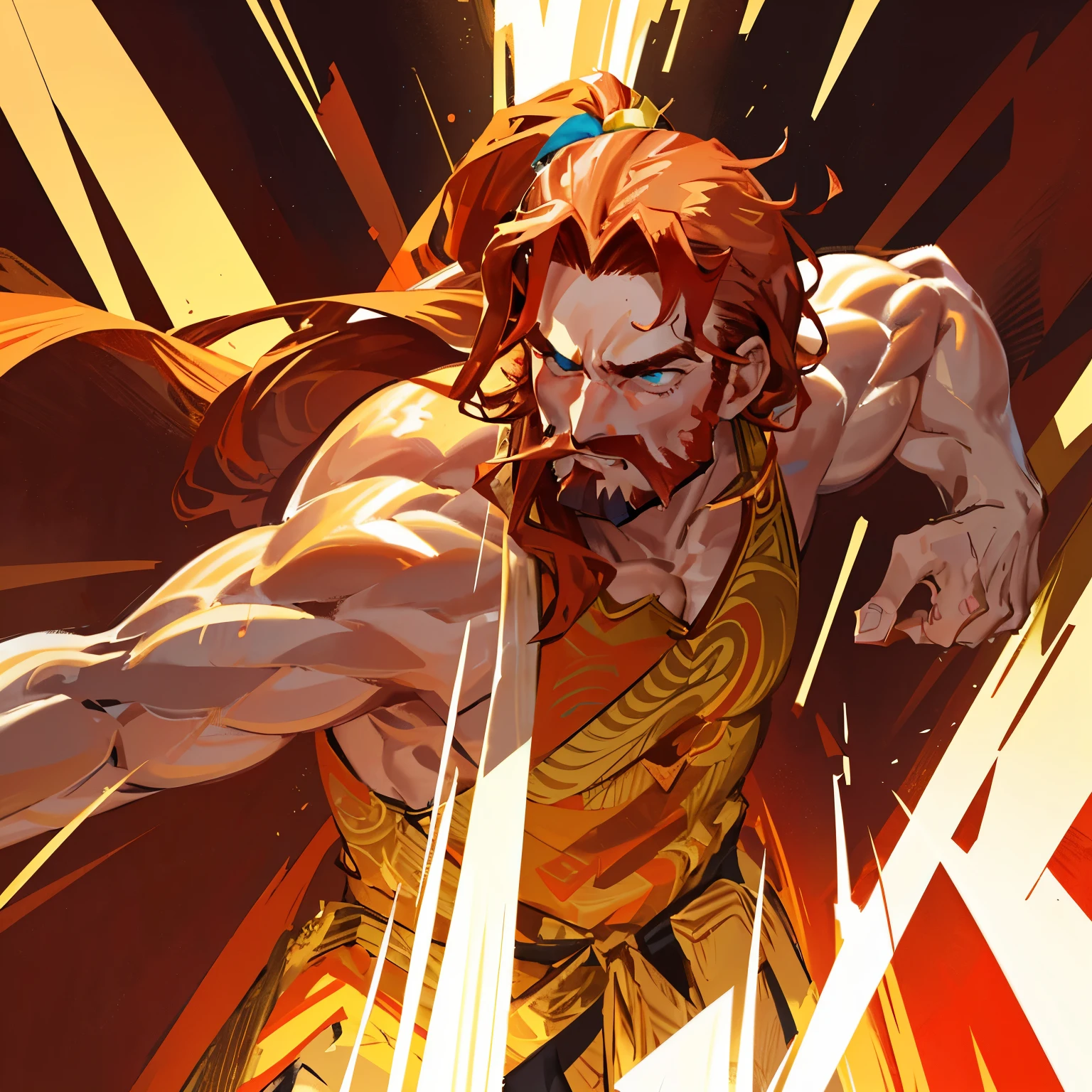 a 7ft tall man with red hair that is tied into a low ponytail and shows the loose waves of his hair and the ponytail falls on his right shoulder.  His eyes, a shade of amber. He wears a crimson bodysuit with intricate gold patterns that accentuate his muscular figure, he wears a red and gold patterned hoari over the body su