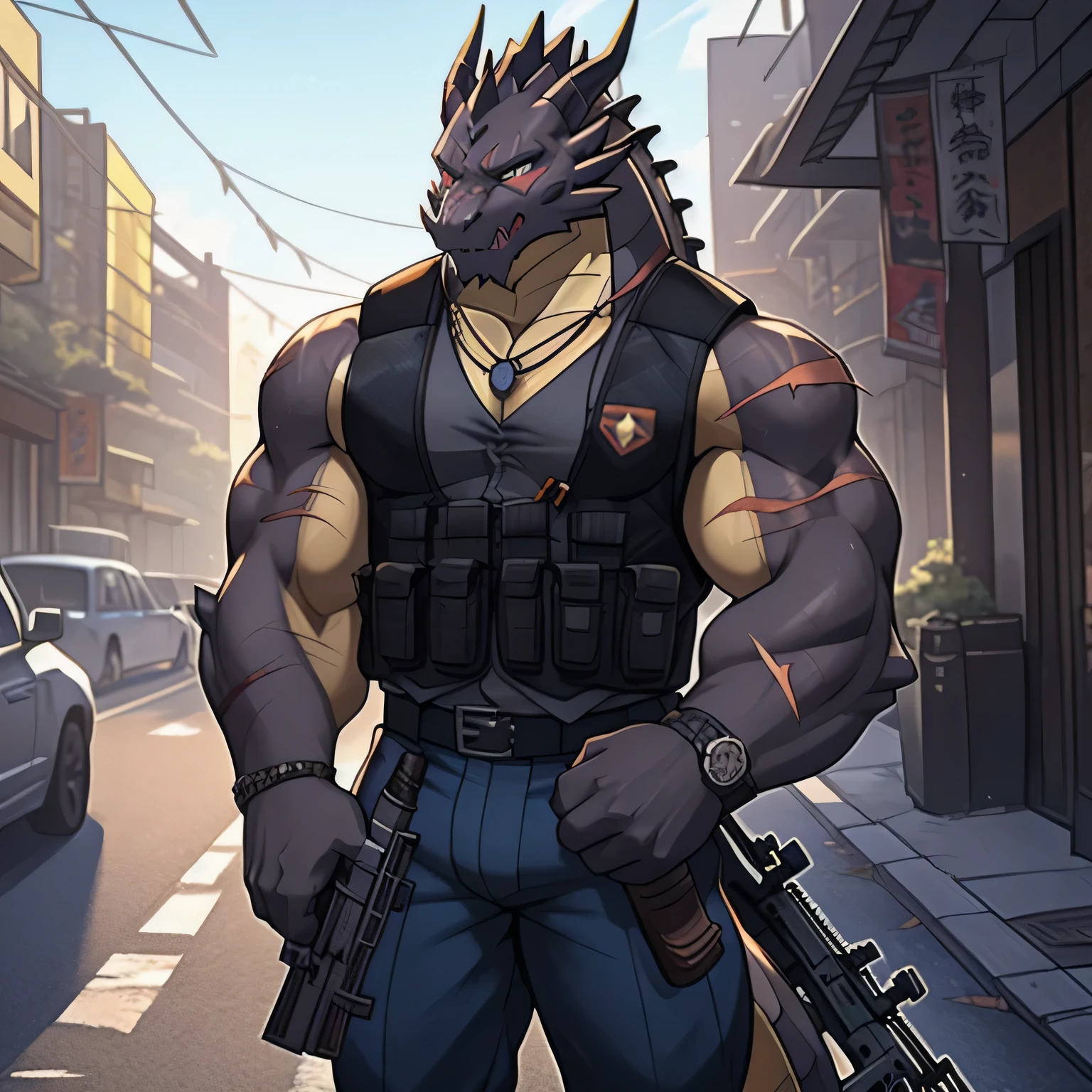 (dragon),two colors, Scars on the face, With sunglasses on his head,Necklace hanging around the neck,(muscular body:1.3), There is a scar on the face, Handsome, OK,(Scars on the face), on the street,(Express),(city background),(with scars on face:1.2),look at screen,(dragon horn),(Dragon tail),perfect masterpiece,(16K),casual clothes,alone,((Strong)),,(with rifle in hands),(dick:1.2),Perfect proportion,front,hands crossed,sweat,(with rifle in hands:1.5),(gun in hand:1.3),(fierce expression:1.2),(Vision:1.5),(with rifle in hands:1.8),Strong,muscle,with dragon wings,more details,CG,(dragon), torso,((gun in hand)), (Bulletproof vest)),serious expression