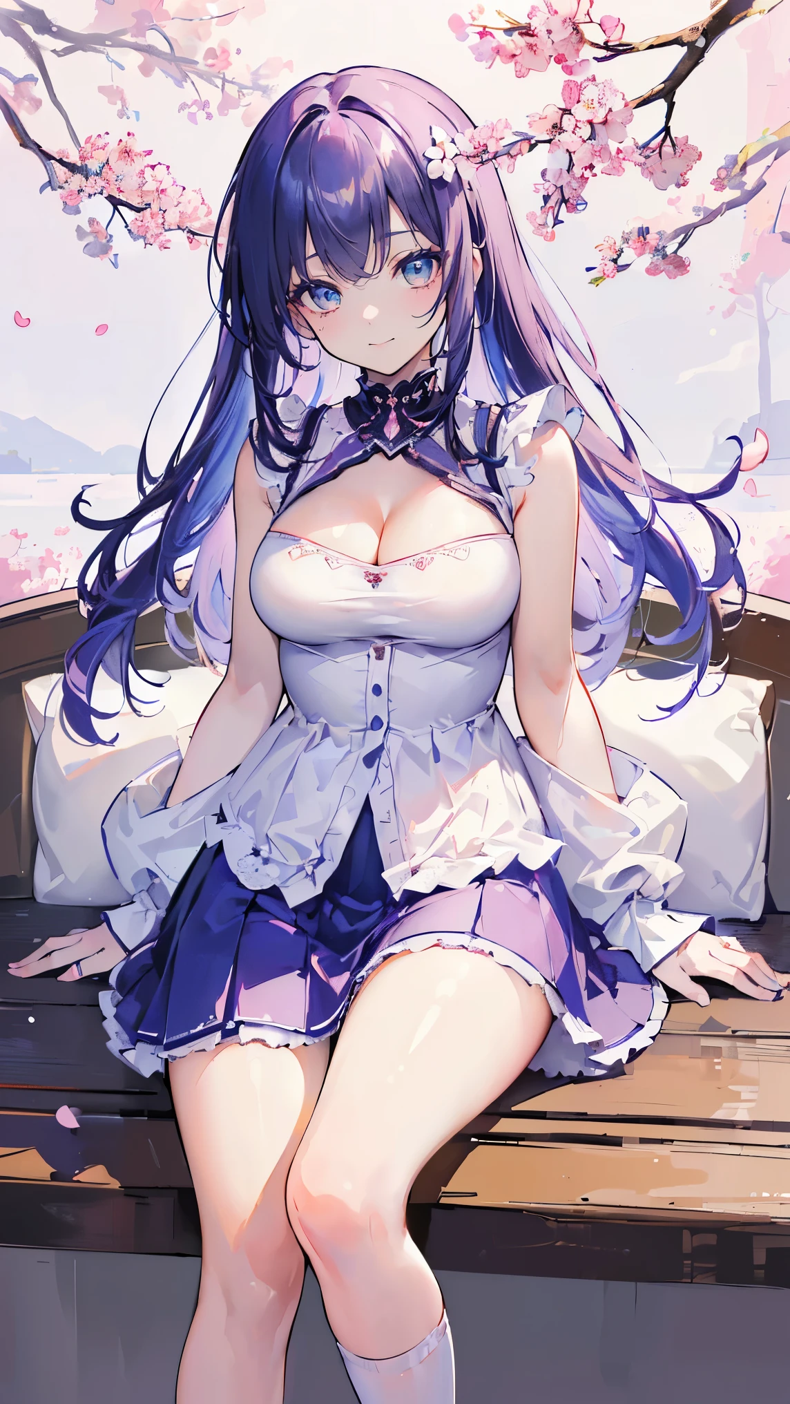 ((masterpiece, highest quality,High resolution,Super detailed drawing)), one girl,(fine eyes) colorful hair,shortcut,pastel colour,Absolute area, skirt,knee high socks, ((beauty, cute, 20-year-old, bangs, small smile)), (((big breasts,Clothes that show cleavage,revealing clothes))),cherry blossoms