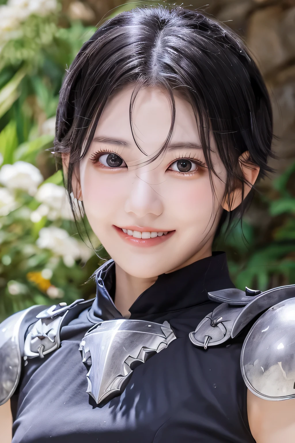 highest resolution, 4k, masterpiece: 1.3), japanese mature, women pictures, sexy, fine eyes, slender body shape, realistic teeth, double eyelid, full body, highest quality, become familiar with, equipped with armor, in a fantasy world, The background is a castle、black hair、smile、beautiful teeth、heavy equipment、luxurious silver armor、hairstyle short cut、Upper body
