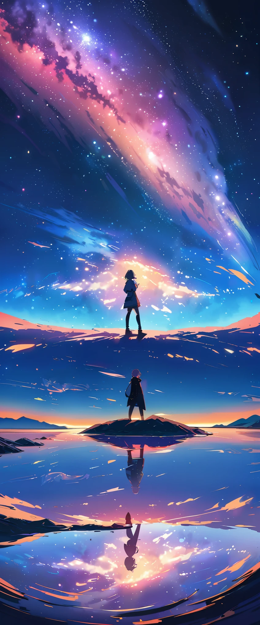 official art, unified 8k wallpaper, Super detailed, masterpiece, best picture quality,super wide angle,night,a woman,Standing by the salt lake,The water is like a mirror,reflecting the sky。look up to the sky,The Milky Way is in the sky,Dynamic angle, grace, bright colors,