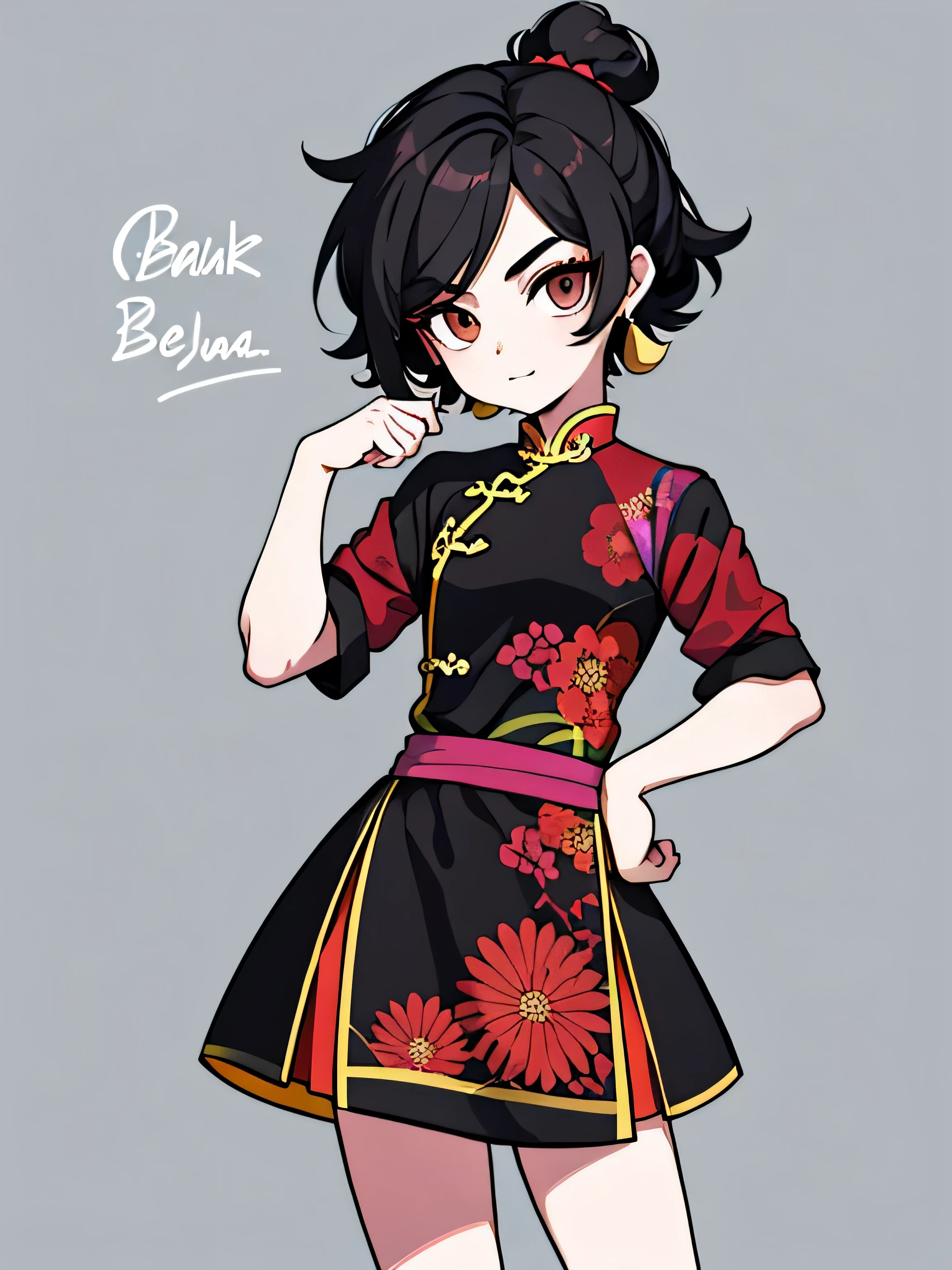 A somewhat feminine boy with black hair and dark brown eyes from Brawlhalla, con un qipao de color blanco, cintura delgada 