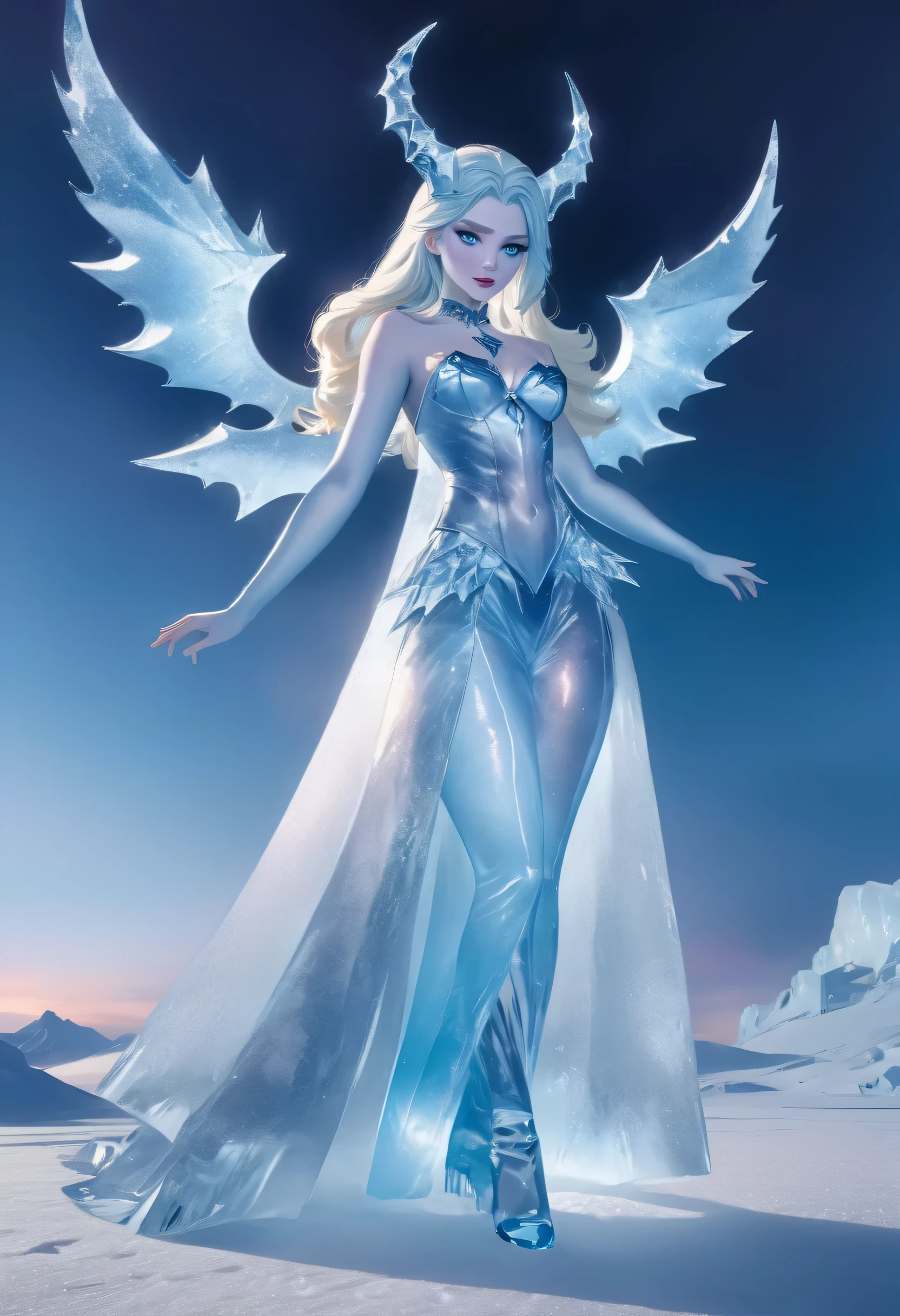 (8k, highest quality, masterpiece: 1.2), (realistic, realistic: 1.37), Super detailed, ((an ice female sexy demon:1))、Standing in the frozen snow field、Witch wearing pale armor, ((sexy costume:1)), SEXY female devil, ((aurora in the night sky)),  ((pale blue skin:1))