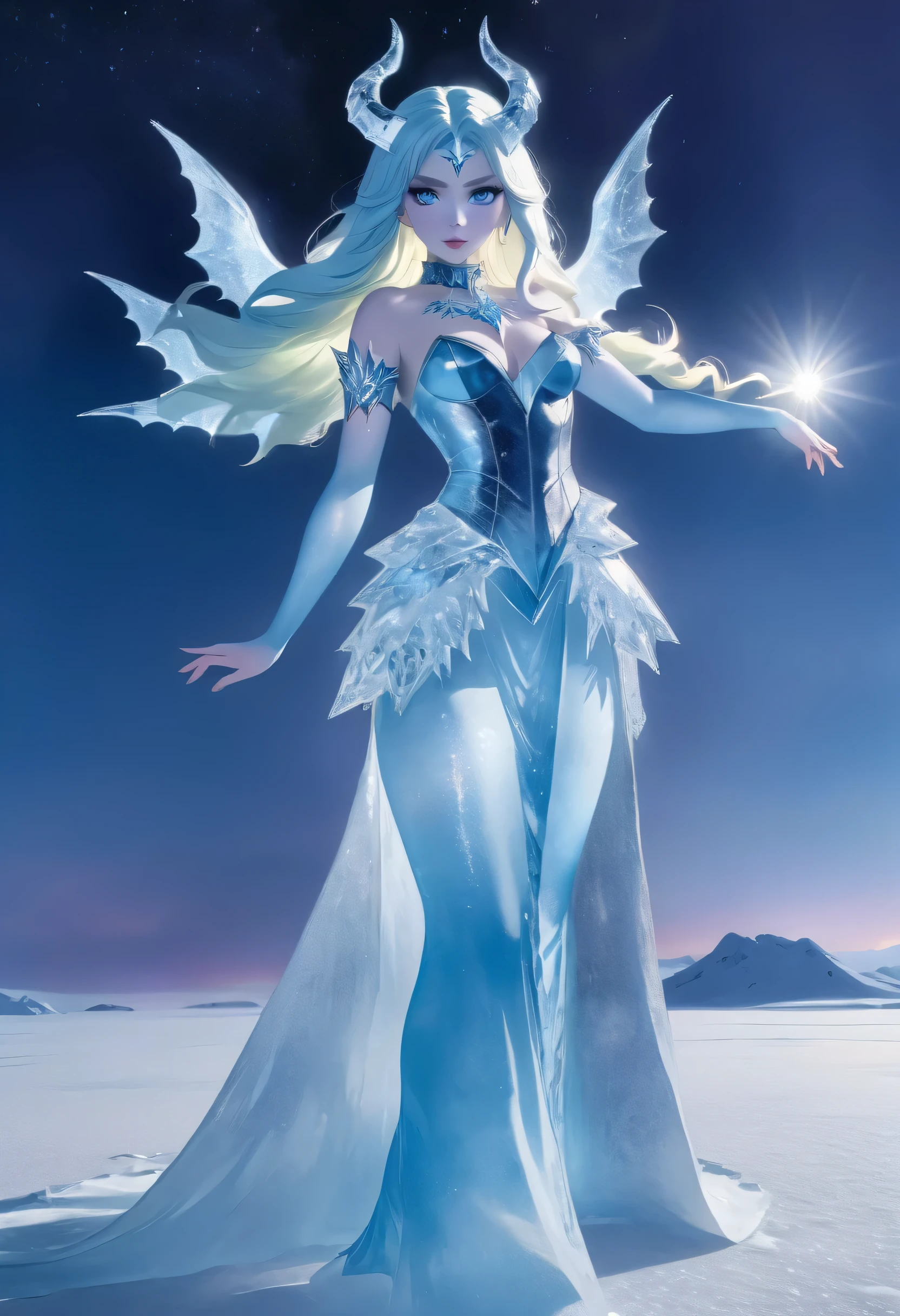 (8k, highest quality, masterpiece: 1.2), (realistic, realistic: 1.37), Super detailed, ((an ice female sexy demon:1))、Standing in the frozen snow field、Witch wearing pale armor, ((sexy costume:1)), SEXY female devil, ((aurora in the night sky)), ((pale blue skin:1))