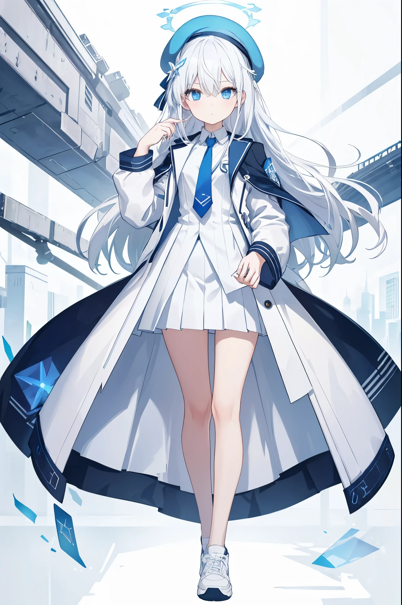 a girl,Front view,character portrait,stand,full body picture,Female figure slim and slender,Flat expressionless,left hand down,female face,white hair,long white hair,There is a blue halo on the head,The aura is blue,Halos are polyhedral patterns,female hands,human hand,normal finger,blue eyes,Highlights,Wearing a blue beret,Wearing a white coat,White shirt and blue tie,Wearing a pleated skirt,white sneakers,pure white background background,tomorrow ark,tomorrow ark风格,alone,masterpiece,Extremely exquisite and beautiful two-dimensional exquisite painting style,Extremely delicate and delicate,8K high quality,CG wallpaper,HD,Front view,character portrait,full body picture,full body picture,full body picture