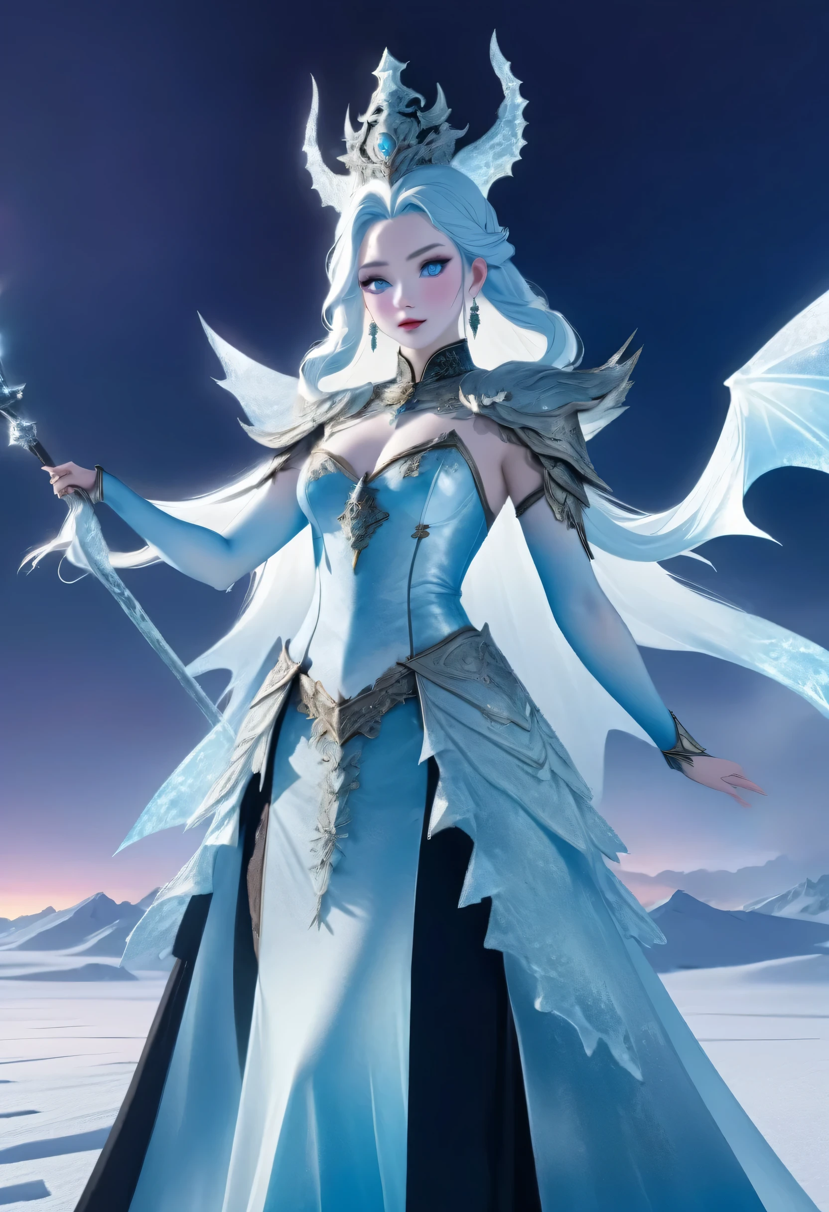 (8k, highest quality, masterpiece: 1.2), (realistic, realistic: 1.37), Super detailed, ((ancient chinese queen style:1)), ((an ice female sexy demon:1))、Standing in the frozen snow field、Witch wearing pale armor, ((sexy costume:1)), SEXY female devil, ((aurora in the night sky)), ((pale blue skin:1))