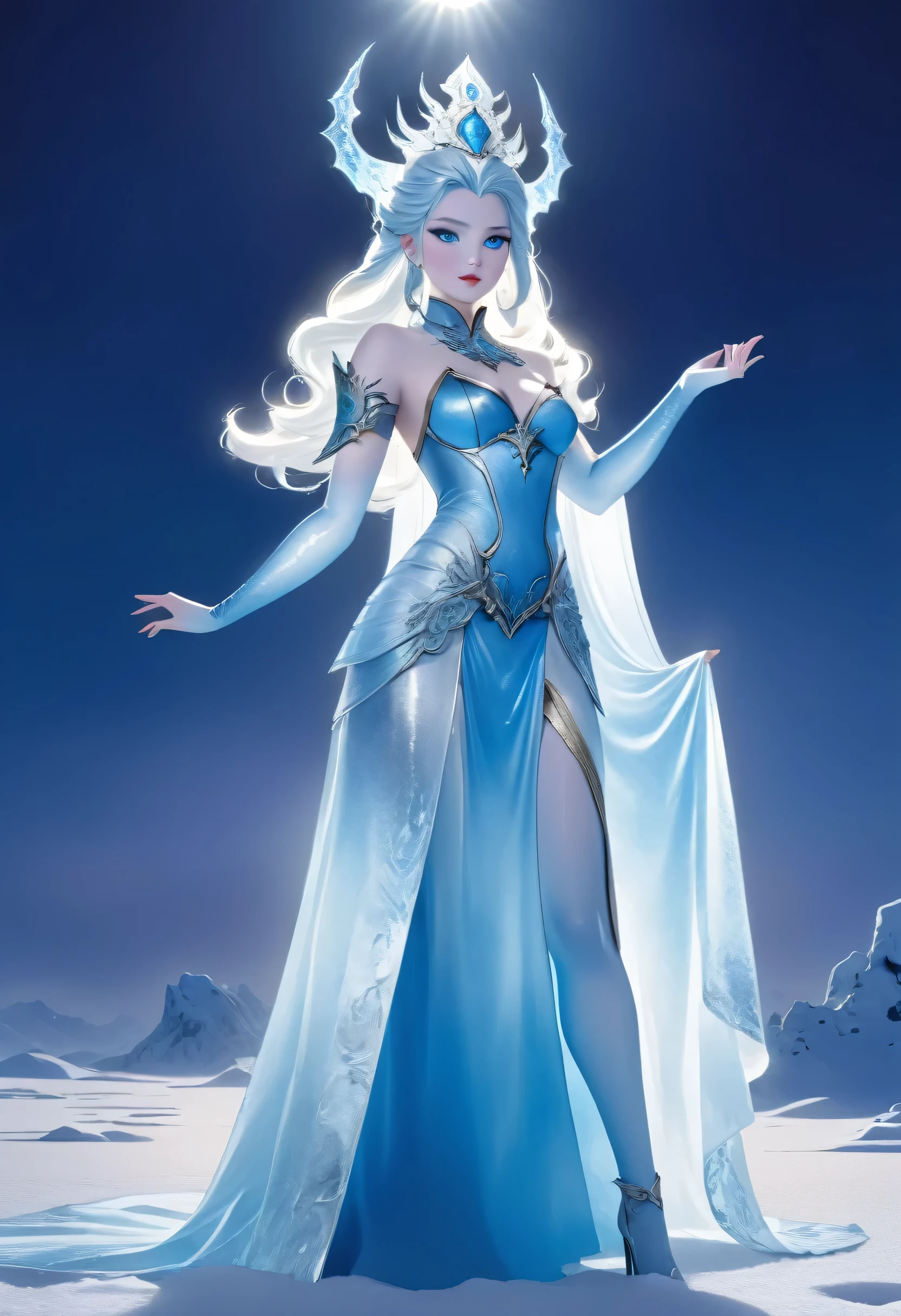 (8k, highest quality, masterpiece: 1.2), (realistic, realistic: 1.37), Super detailed, ((ancient chinese queen style:1)), ((an ice female sexy demon:1))、Standing in the frozen snow field、Witch wearing pale armor, ((sexy costume:1)), SEXY female devil, ((aurora in the night sky)), ((pale blue skin:1))