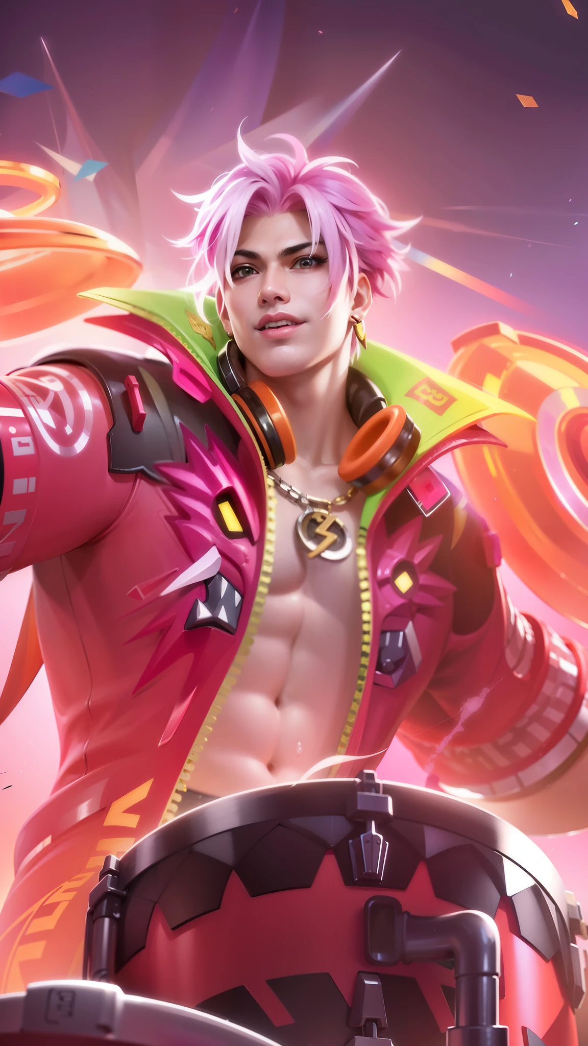 Best quality, masterpiece, detailed skin texture, detailed clothes texture, detailed face, super detail, 8k, intricate detail, masculine man, a man with a pink jacket and a drum in his hand, mobile legends, extremely detailed artgerm, sakimichan frank franzzeta, ig model | artgerm, inspired by fredrinn, fredrinn from mobile legends, rossdraws cartoon vibrant, pink hair, headphone, evil