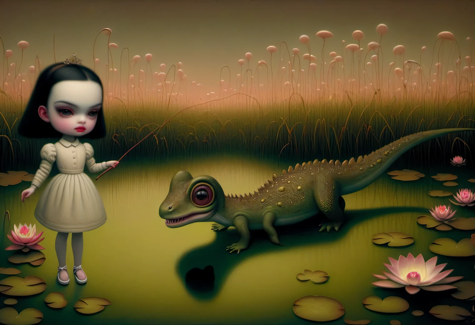 a painting on craft paper in the style of the artist Mark Ryden, a strange girl walks a small dinosaur on a leash near the evening pond, the evening surface of the pond, water lilies and reeds, frogs on water lilies, a strange girl is shown in detail, evening pond, full compliance with the style of Mark Ryden, high definition, Mark Ryden Style page