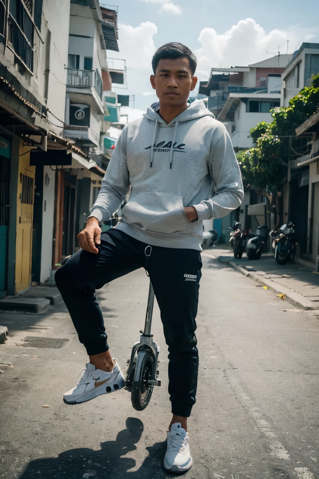 (best quality, 8k, high-res, realistic:1.37), A real Indonesian man with short hair wearing a hoodie and sneakers, riding a scooter near the beach with a background of Indonesian streets, high color saturation, ultra-detailed, sharp focus