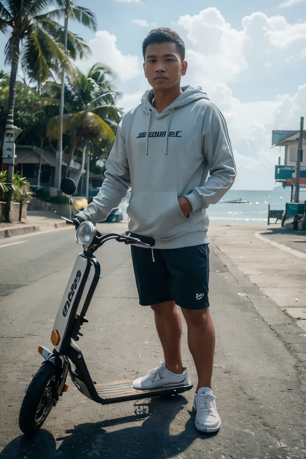 (best quality, 8k, high-res, realistic:1.37), A real Indonesian man with short hair wearing a hoodie and sneakers, riding a scooter near the beach with a background of Indonesian streets, high color saturation, ultra-detailed, sharp focus