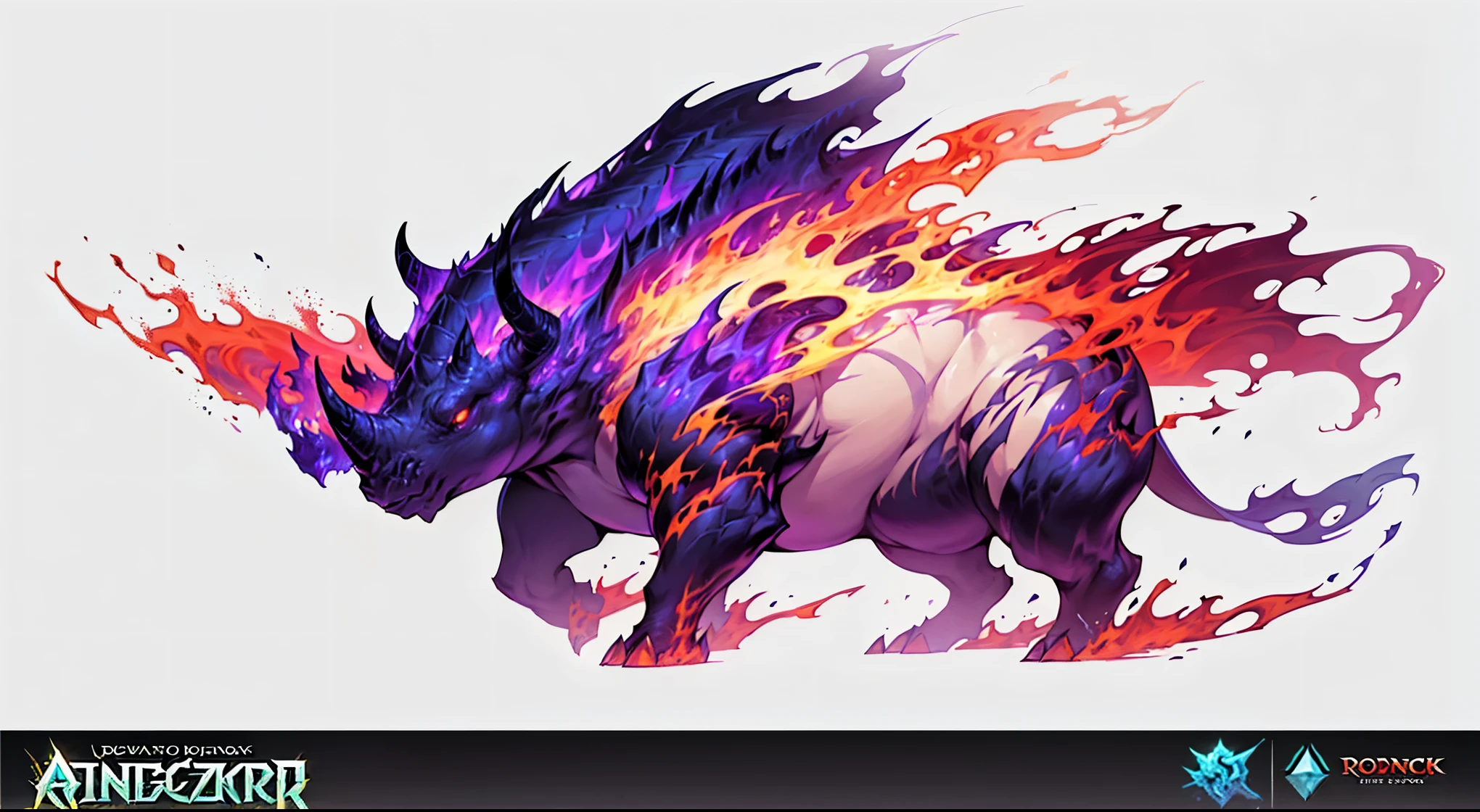 Close up of rhinoceros with fire and flames on its back, Dota 2 concept art, artifact dota2, mysterious concept art, Riot Games Concept Art, fantasy creature concept art, Depicted as game concept art, fantasy concept art, 8k high definition wallpaper jpeg artifact, 8k high definition wallpaper jpeg artifact, Balrog concept art