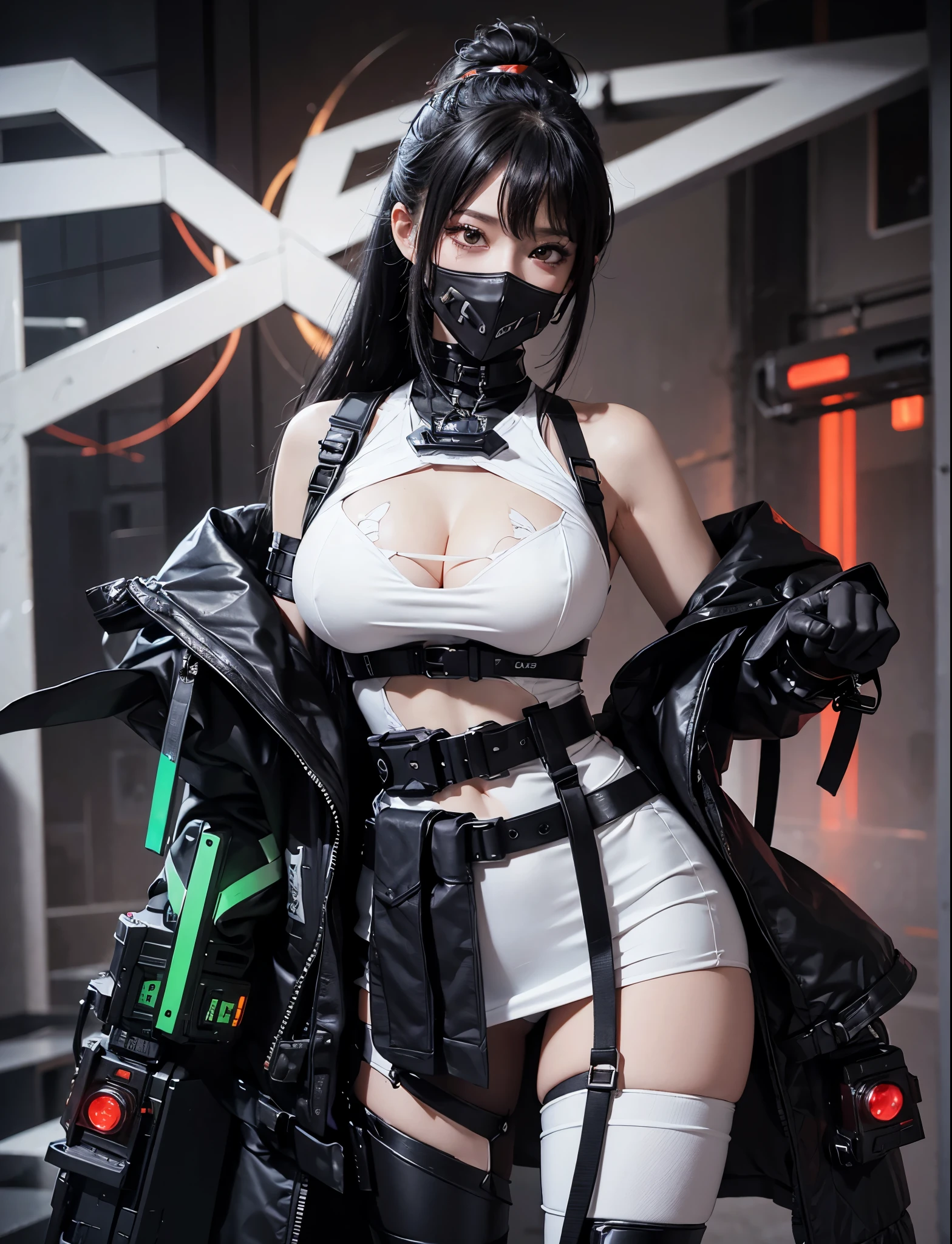 arafed woman in a white dress and black and orange outfit, wearing techwear and armor, female cyberpunk anime girl, cyberpunk anime girl, cyberpunk anime girl mech, gothic - cyberpunk, badass anime 8 k, cyberpunk angry gorgeous goddess, cyberpunk outfit, photograph of a techwear woman, y 2 k cybercore, best anime 4k konachan wallpaper, ((hires, inticrate detail)) large breast