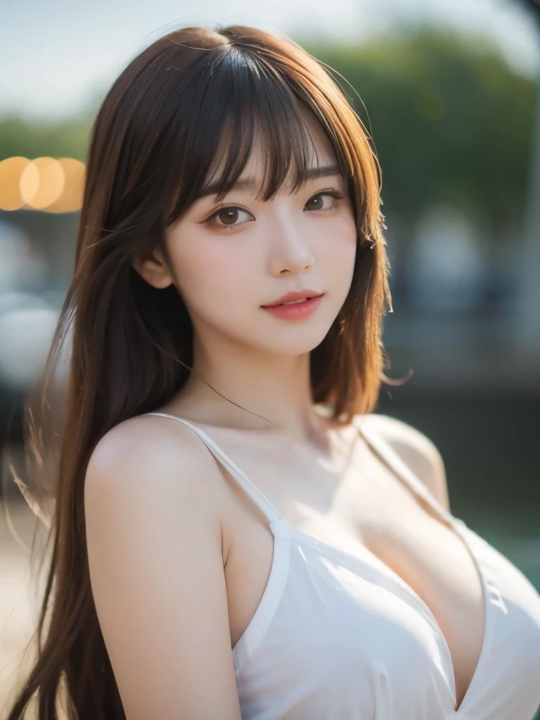 (best quality:1.2, highres, masterpiece:1.2), (bokeh:0.9), full body shot, 1 high school girl, (large breasts), brown hair, wide-set eyes, flushed face, extremely detailed face and skin texture, healthy complexion, (seaside), 4k resolution
