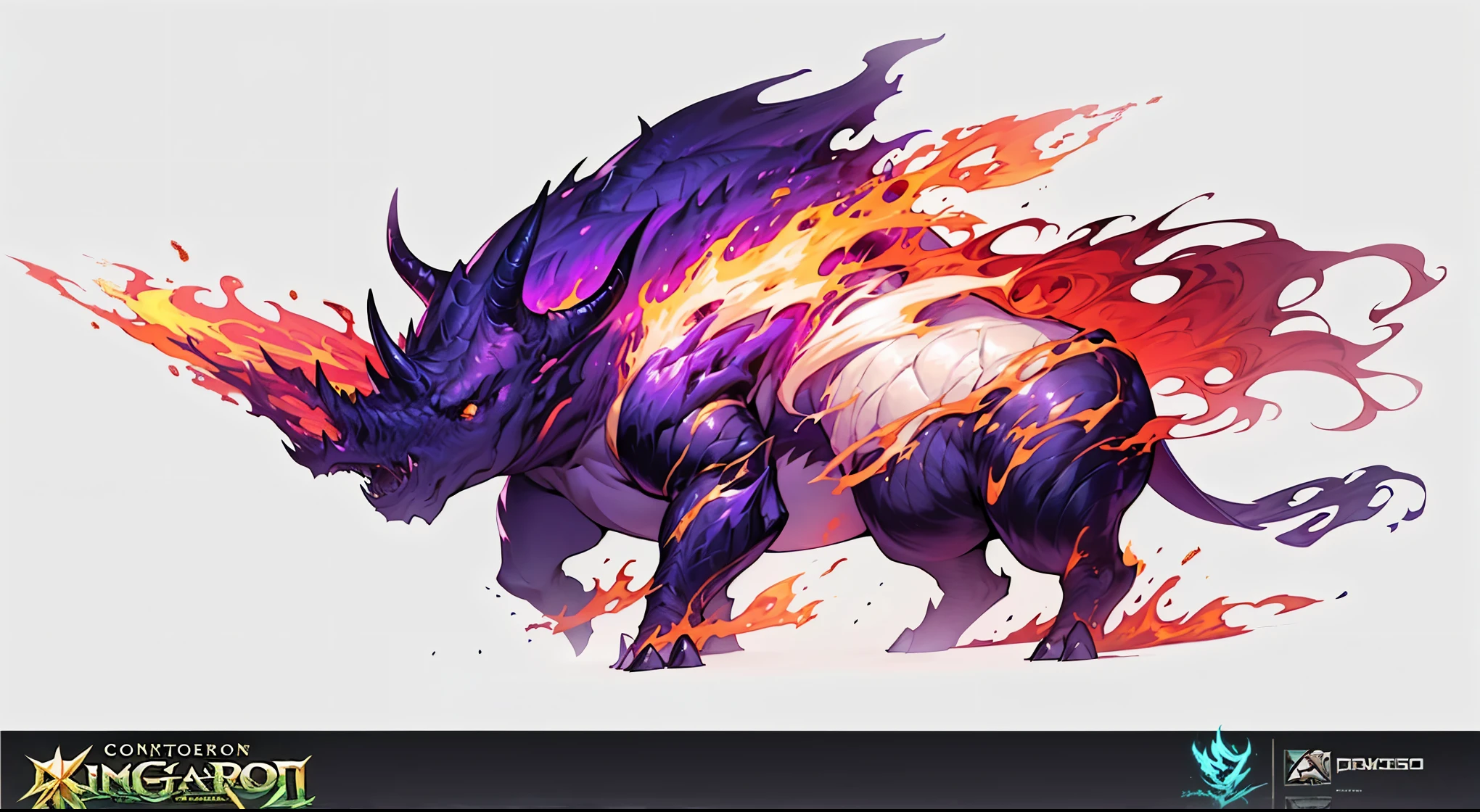 Close up of rhinoceros with fire and flames on its back, Dota 2 concept art, artifact dota2, mysterious concept art, Riot Games Concept Art, fantasy creature concept art, Depicted as game concept art, fantasy concept art, 8k high definition wallpaper jpeg artifact, 8k high definition wallpaper jpeg artifact, Balrog concept art