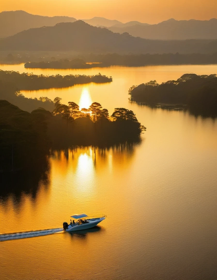 aerial photography，Golden pond，sunset，sparkling，Backlighting equipment for couple on boat:SonyA77(Standalone) [SONY（Sony）digital camera]  lens:70-300mm F4-5.6 SSM time:2017-09-24 17:37:02 Shutter:1/8000 aperture:F/6.3 focal length:300mm sensitivity:0  